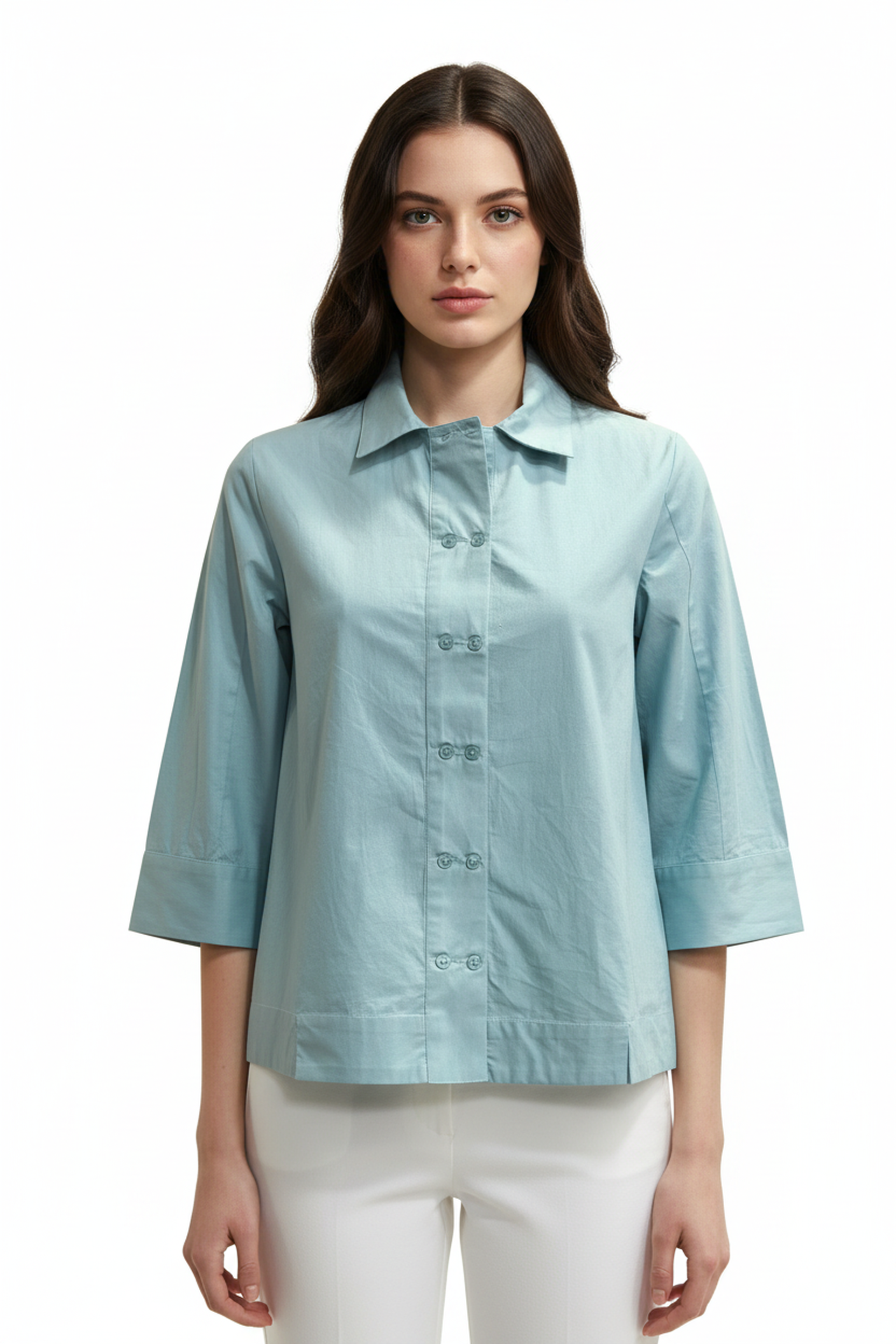 Women’s Sage Green A-Line Button-Down Shirt – 3/4 Sleeves, Wide Hemline, Structured Cotton Top
