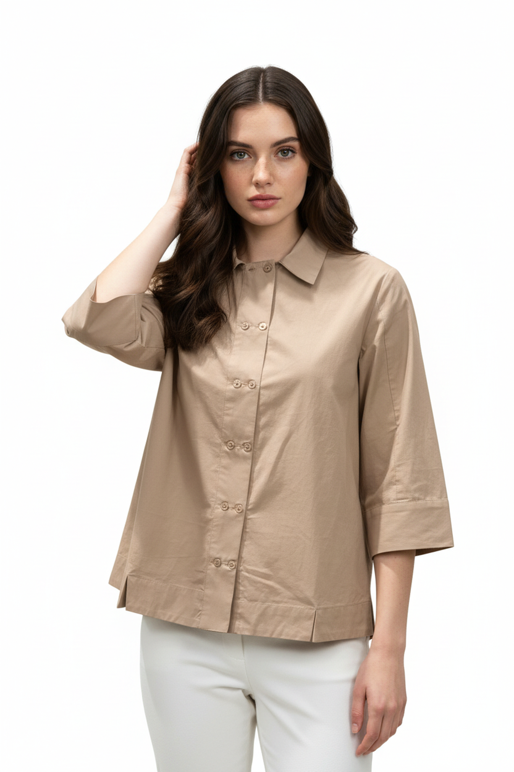 Women’s Beige A-Line Button-Down Shirt – 3/4 Sleeves, Wide Hemline, Structured Cotton Top