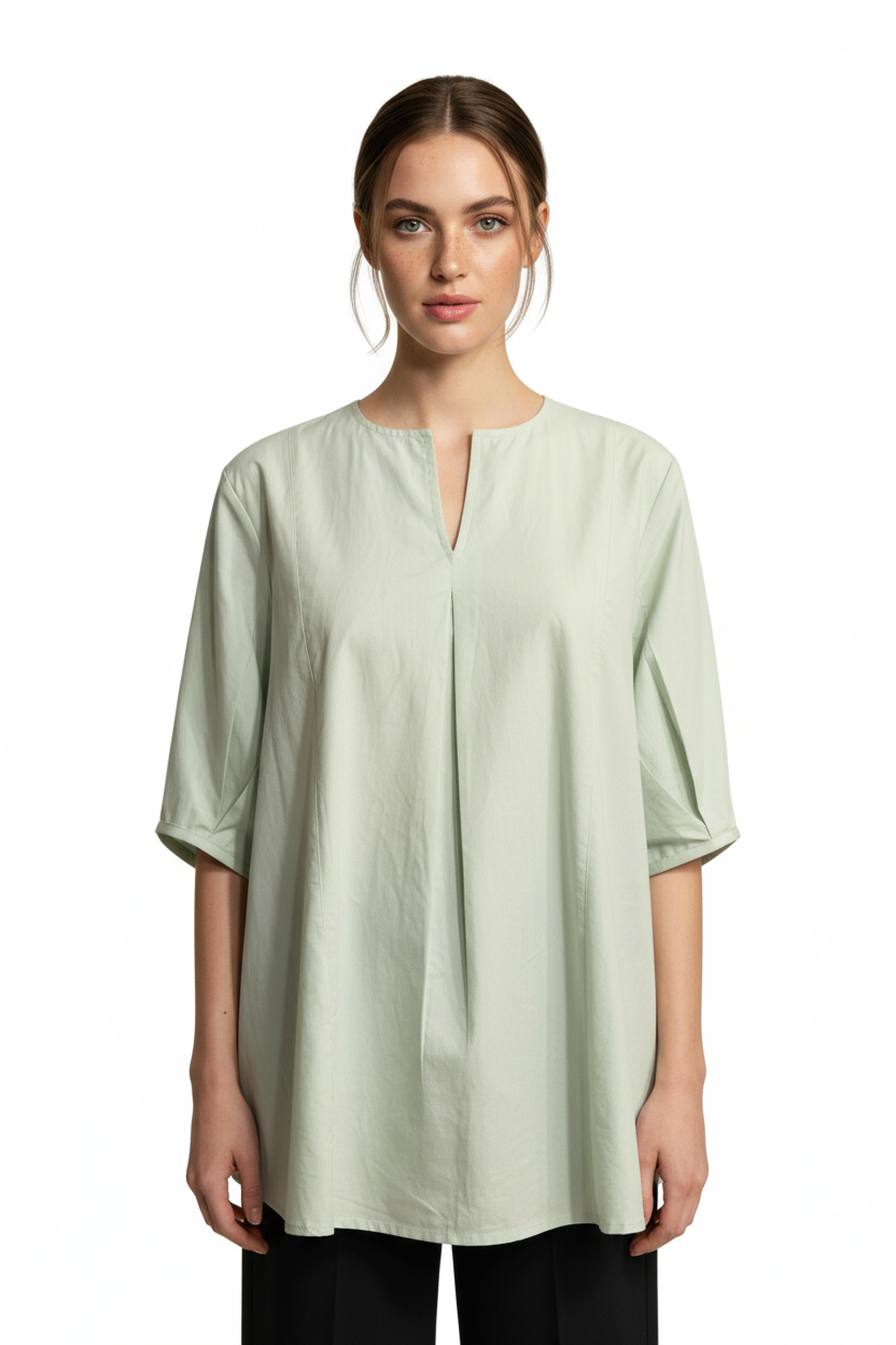 Women’s Mint Green V-Neck Relaxed Fit Top – Soft Cotton Blend, Half Sleeves, Front Pleat Detail
