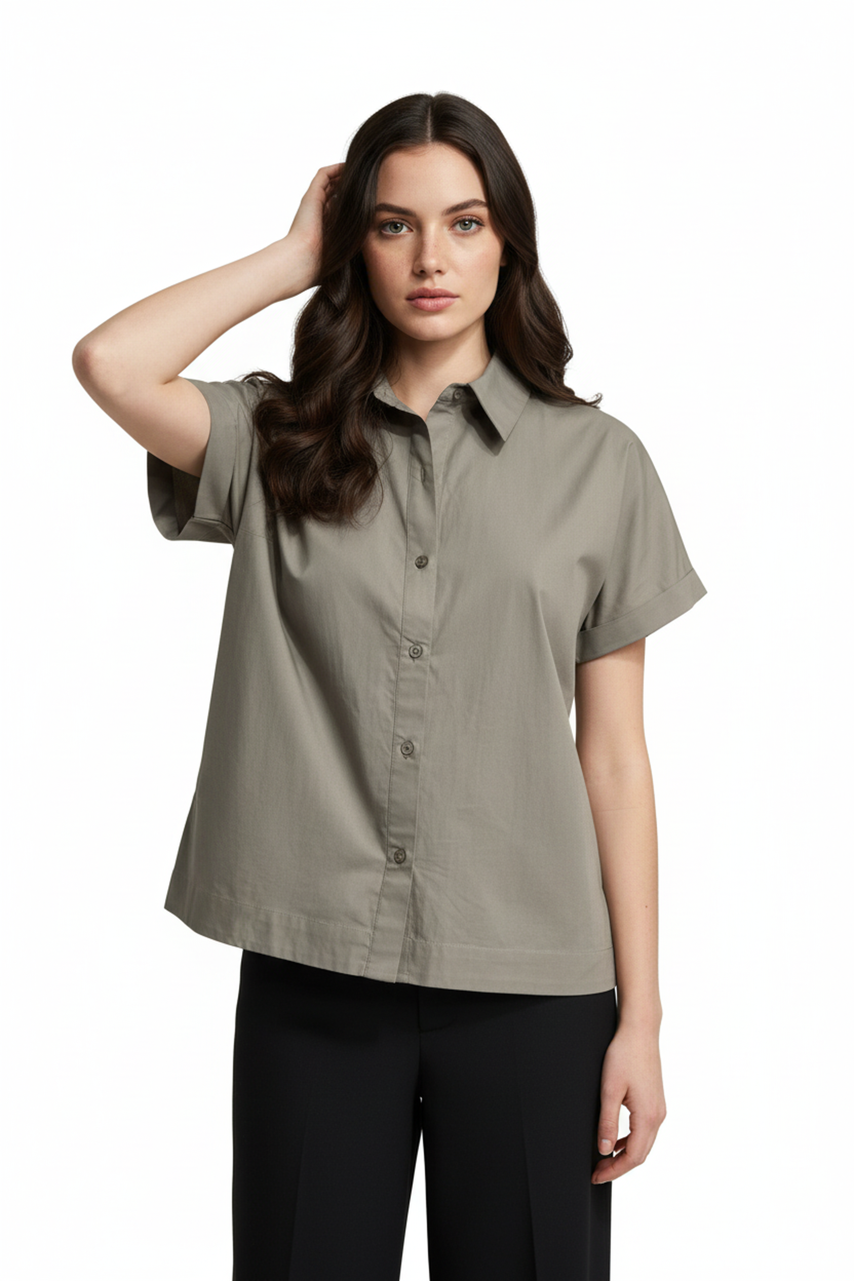 Women’s Grey Short-Sleeve Cotton Shirt – Button-Down, Relaxed Fit, Casual Summer Top