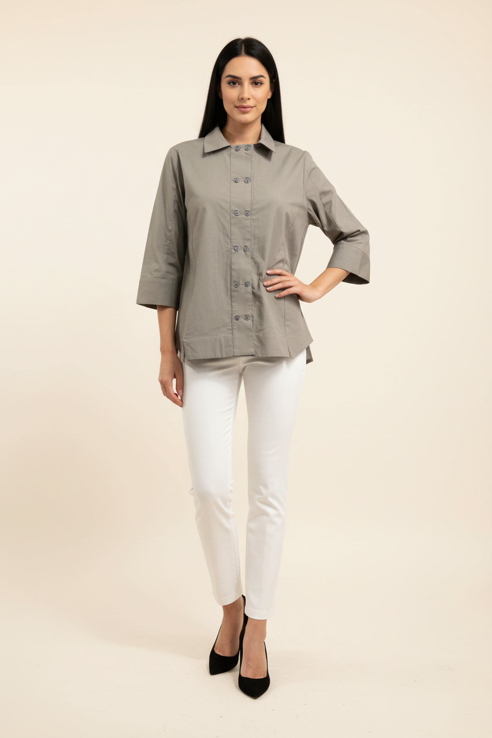 Women’s Grey A-Line Button-Down Shirt – 3/4 Sleeves, Wide Hemline, Structured Cotton Top