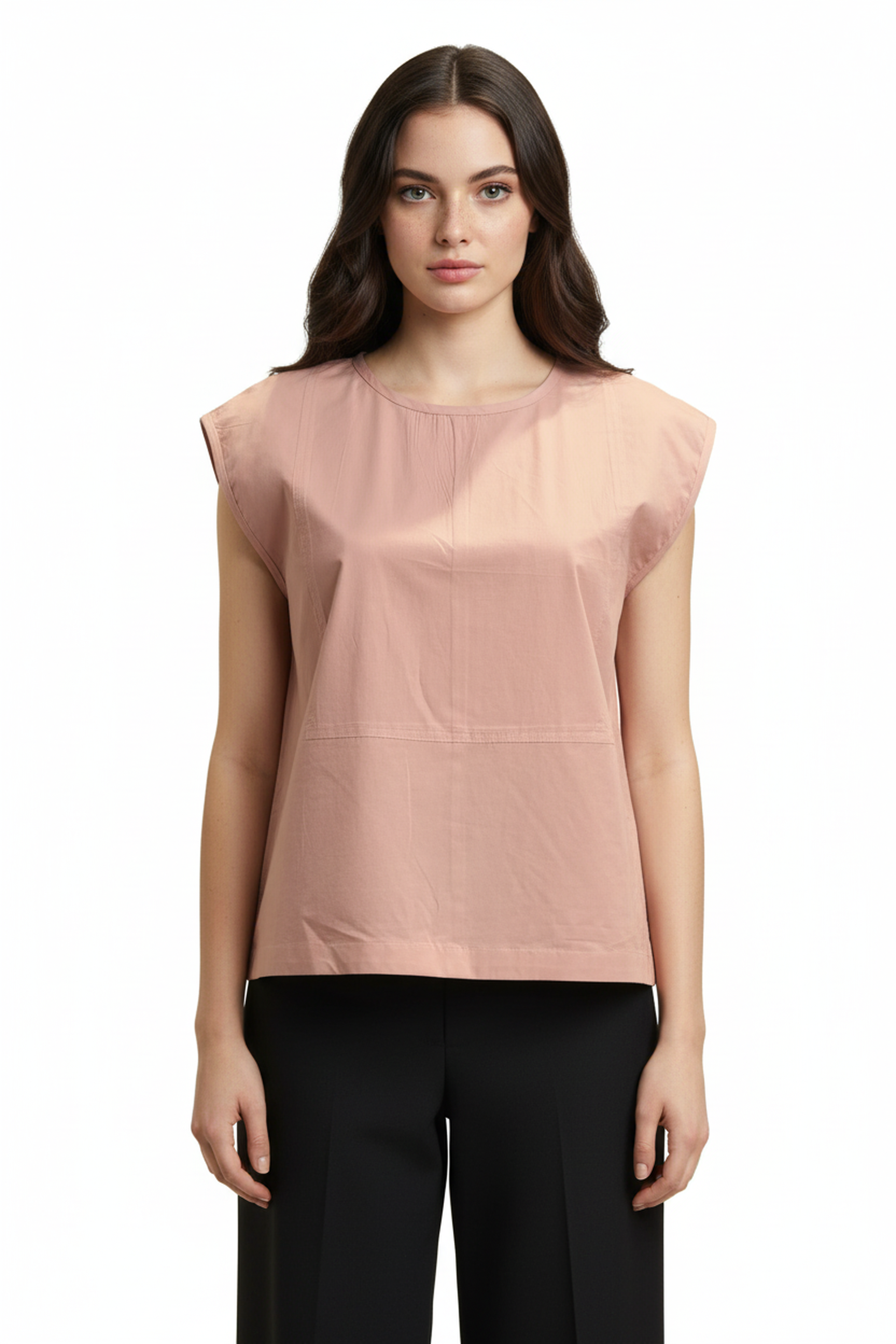 Women’s Peach Sleeveless Structured Cotton Top – Round Neck, Minimal Chic, Straight Hem