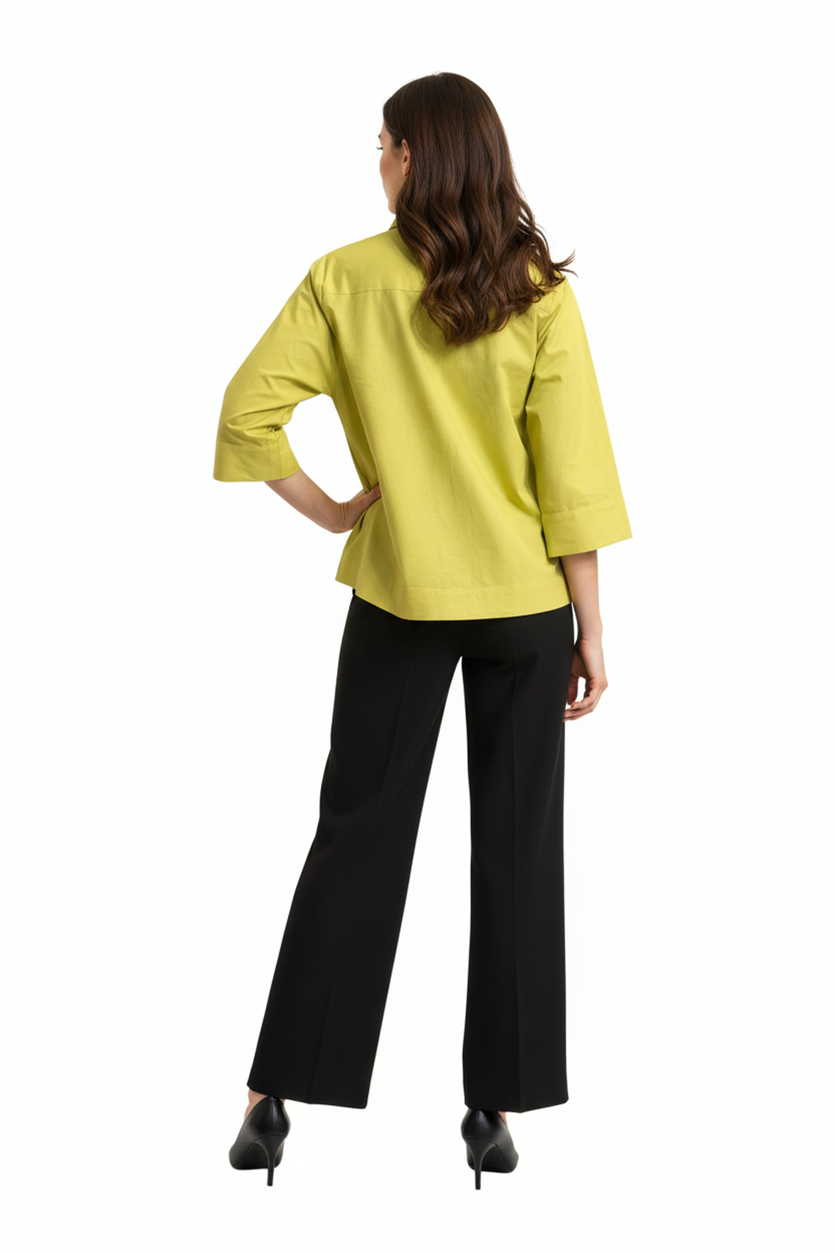 Women’s Olive Green A-Line Button-Down Shirt – 3/4 Sleeves, Wide Hemline, Structured Cotton Top