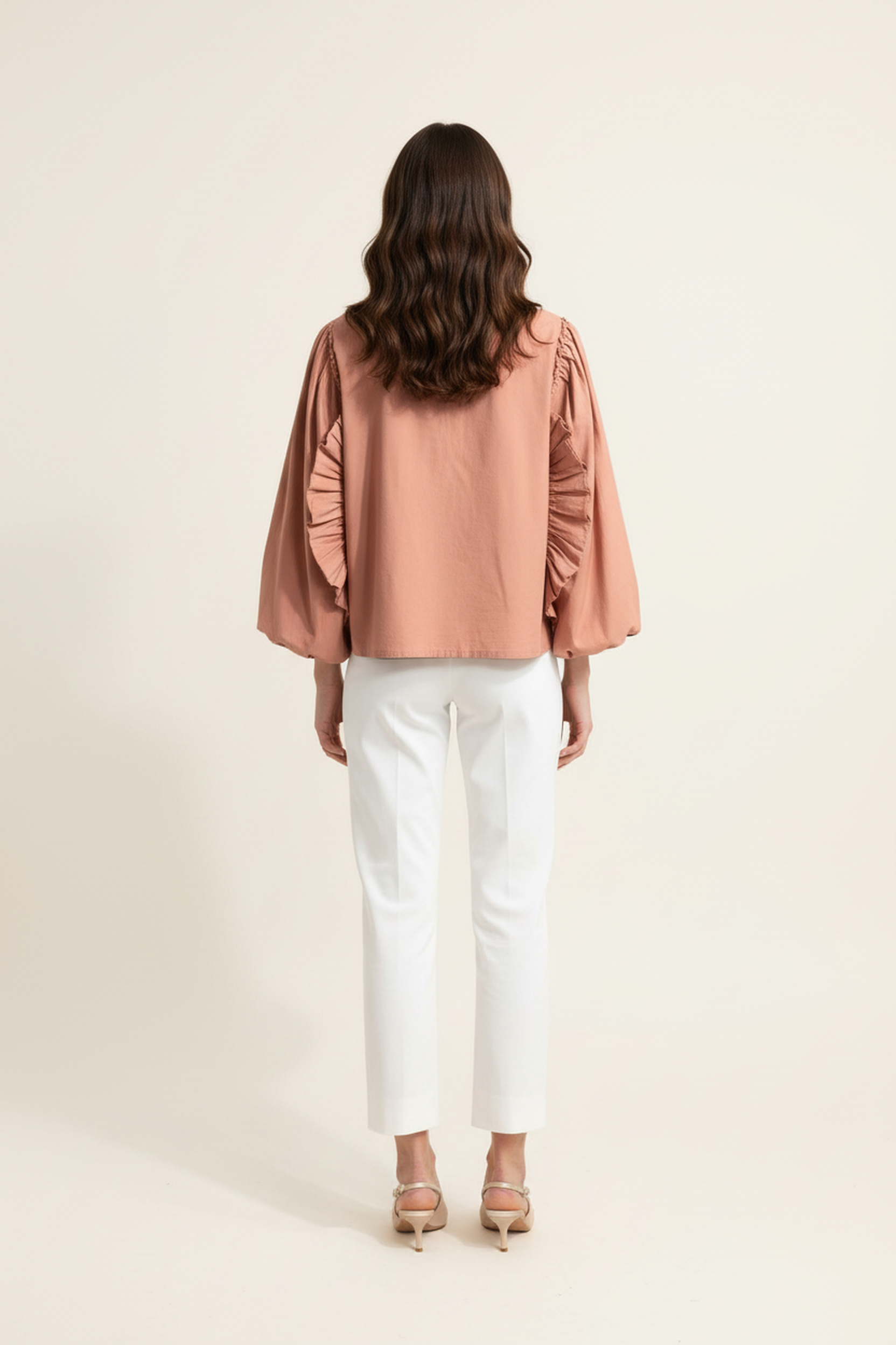 Women’s Peach Bell-Sleeve Cotton Top – Gathered Shoulder Detail, Round Neck, Flowy A-Line Silhouette