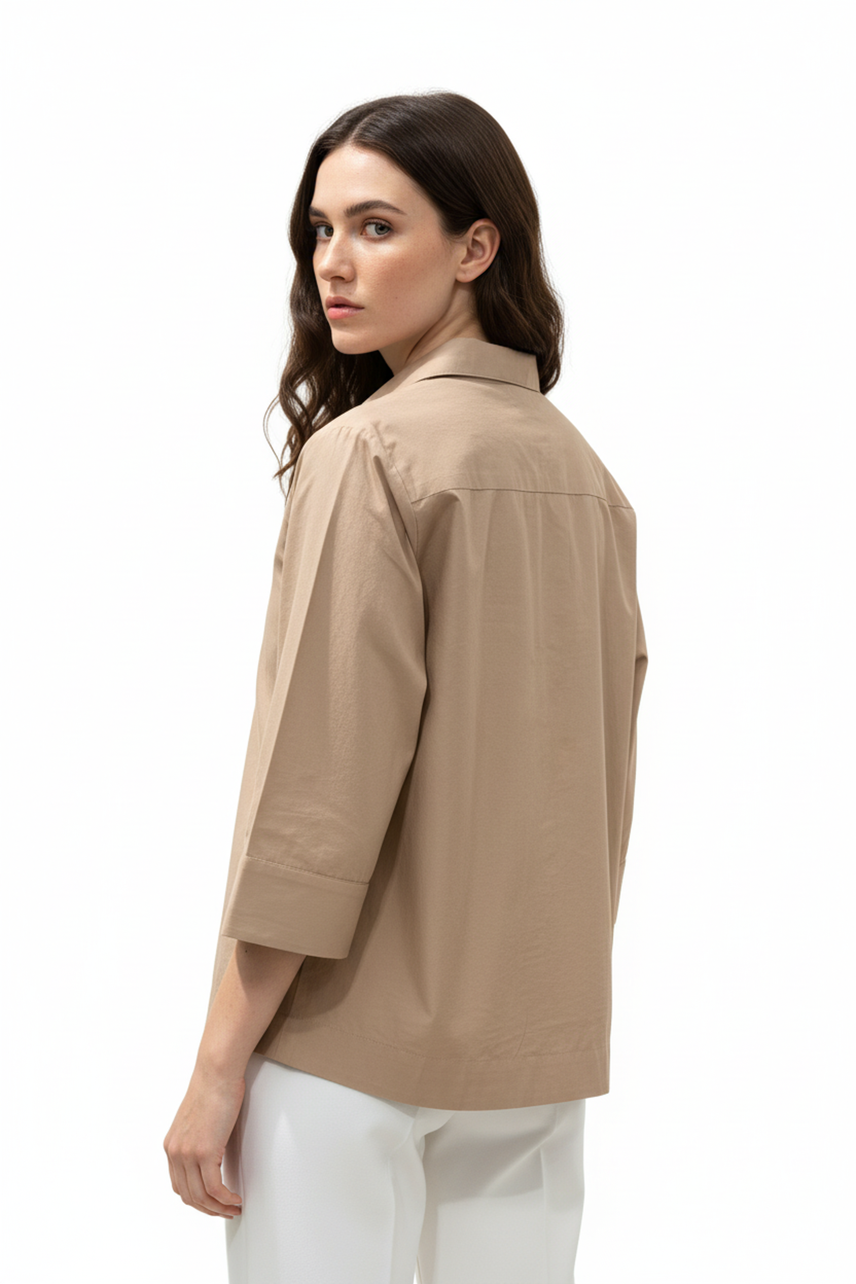 Women’s Beige A-Line Button-Down Shirt – 3/4 Sleeves, Wide Hemline, Structured Cotton Top