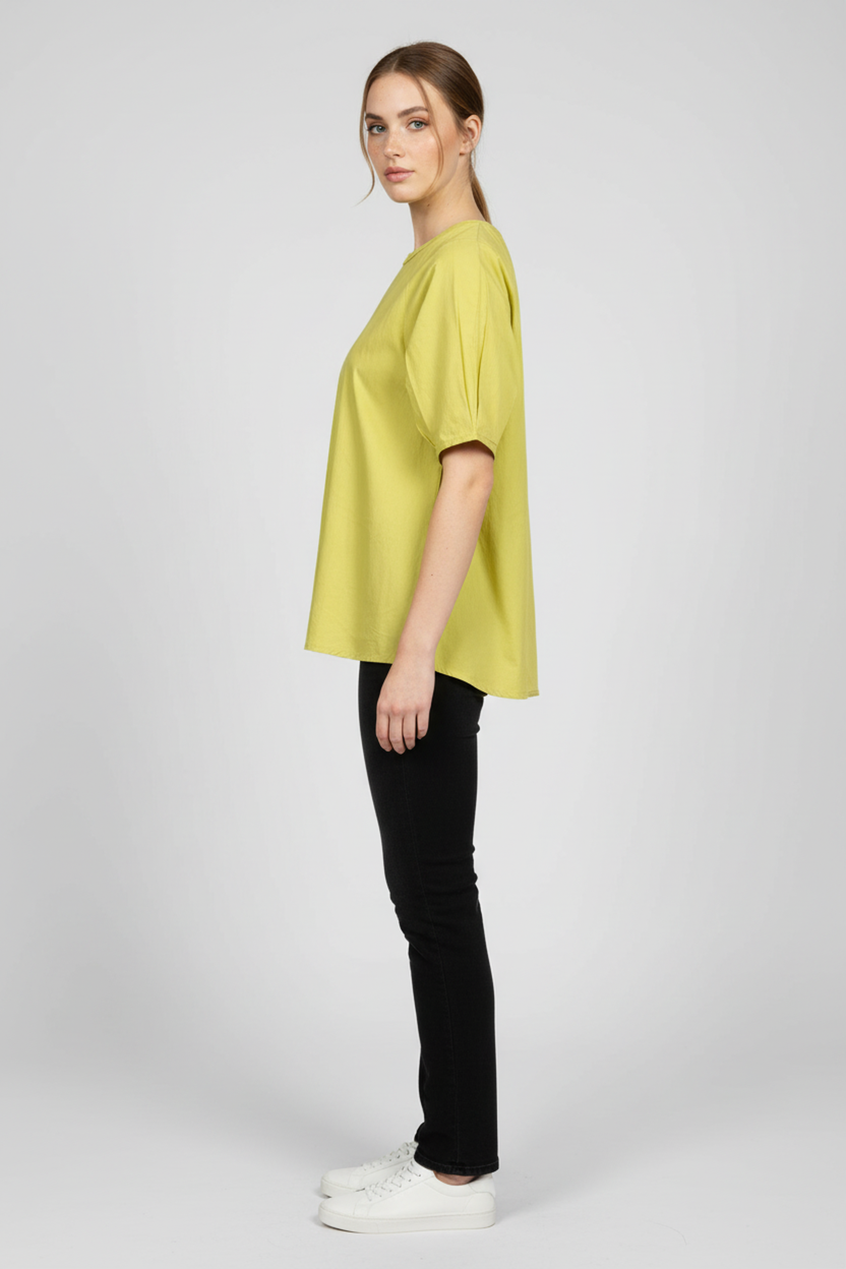 Women’s Olive Green V-Neck Relaxed Fit Top – Soft Cotton Blend, Half Sleeves, Front Pleat Detail