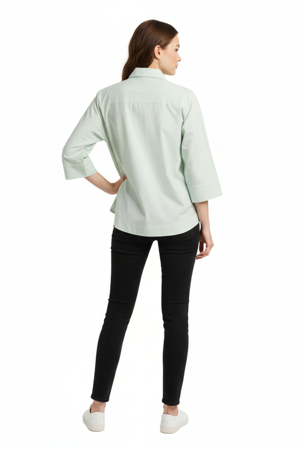 Women’s Mint Green A-Line Button-Down Shirt – 3/4 Sleeves, Wide Hemline, Structured Cotton Top