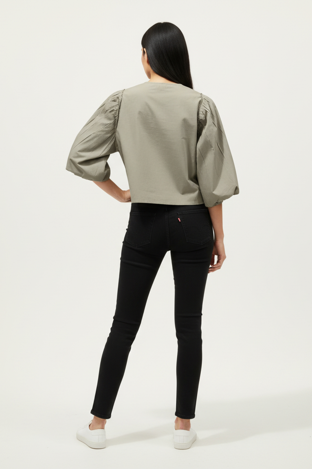 Women’s Olive Grey Bell-Sleeve Cotton Top – Gathered Shoulder Detail, Round Neck, Casual Chic Fit