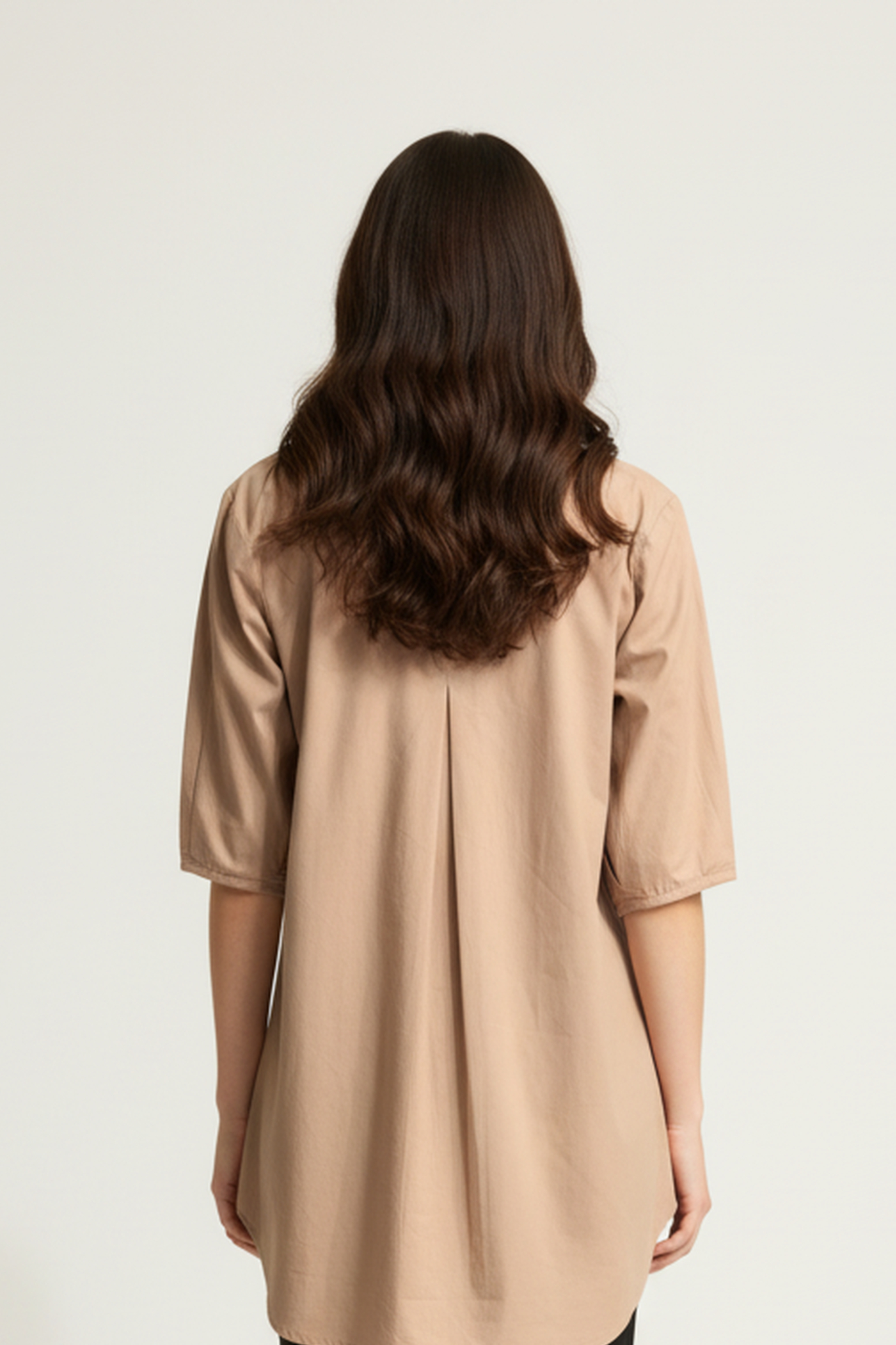 Women’s Beige V-Neck Relaxed Fit Top – Soft Cotton Blend, Half Sleeves, Front Pleat Detail