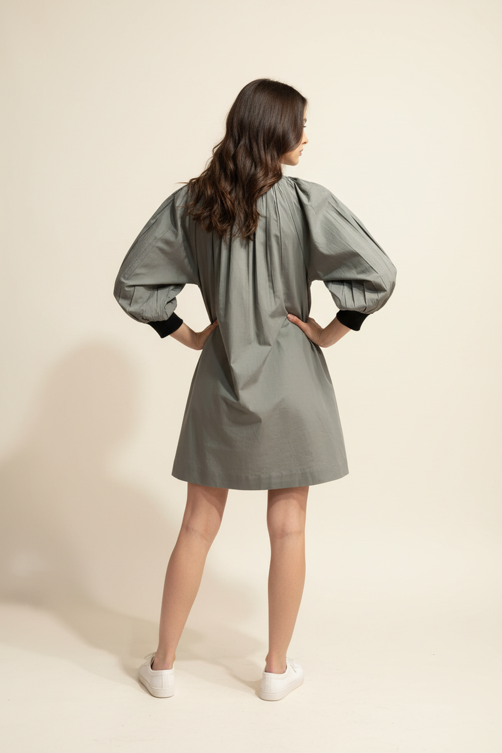 Women’s Green V-Neck Relaxed Fit Dress – Soft Cotton Blend, 3/4th Sleeves, Front Pleat Detail