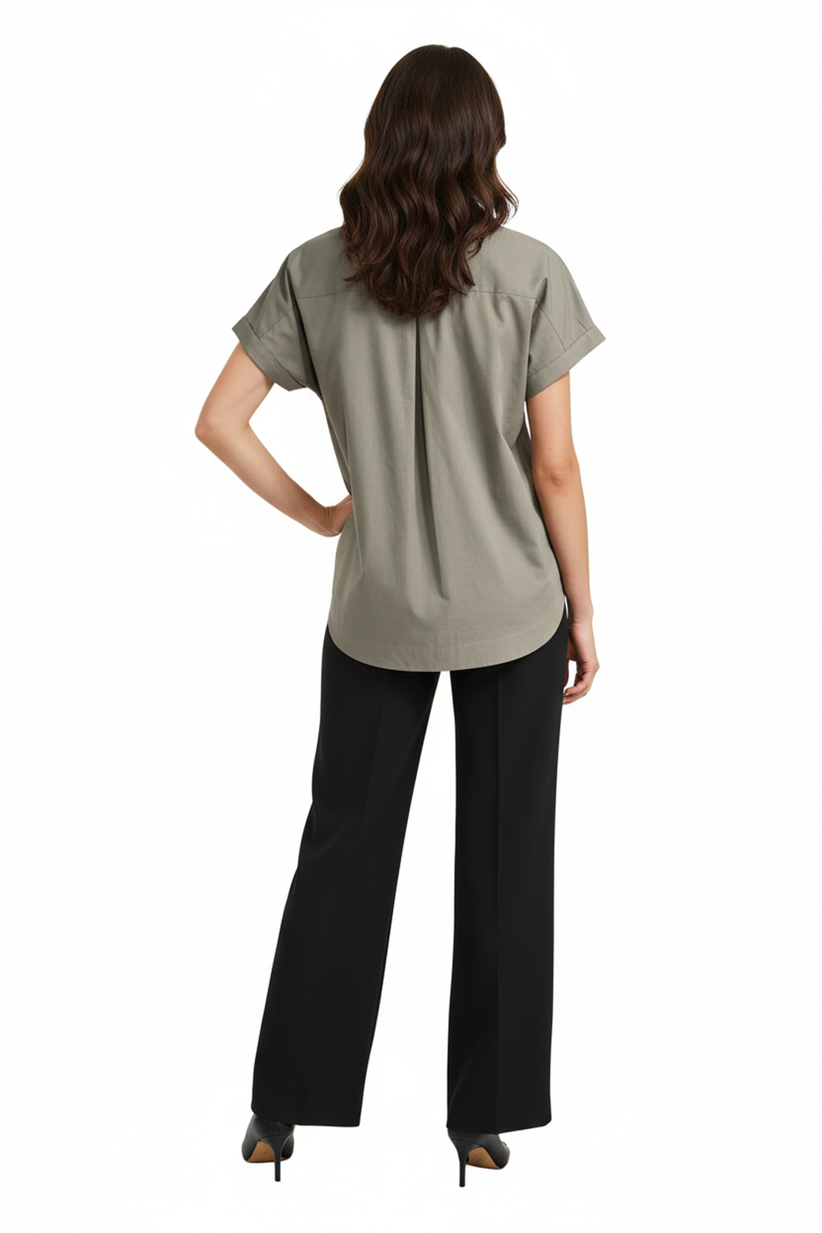 Women’s Grey Short-Sleeve Cotton Shirt – Button-Down, Relaxed Fit, Casual Summer Top