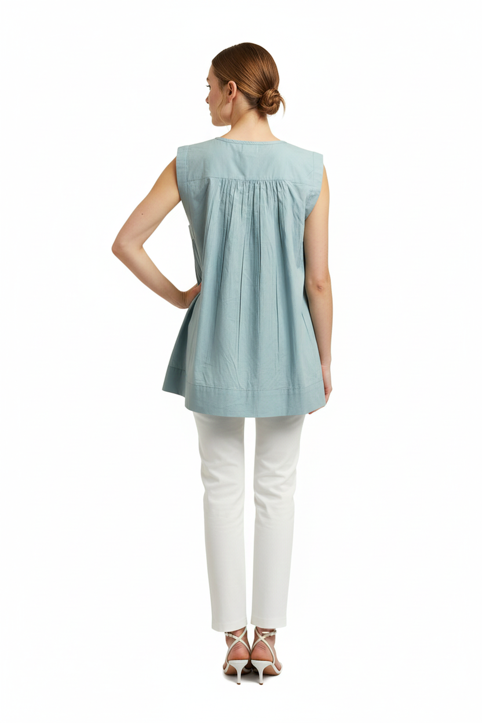 Women’s Sage Green Round Neck Relaxed Fit Top – Soft Cotton Blend, Sleeveless, Front Pleat Detail