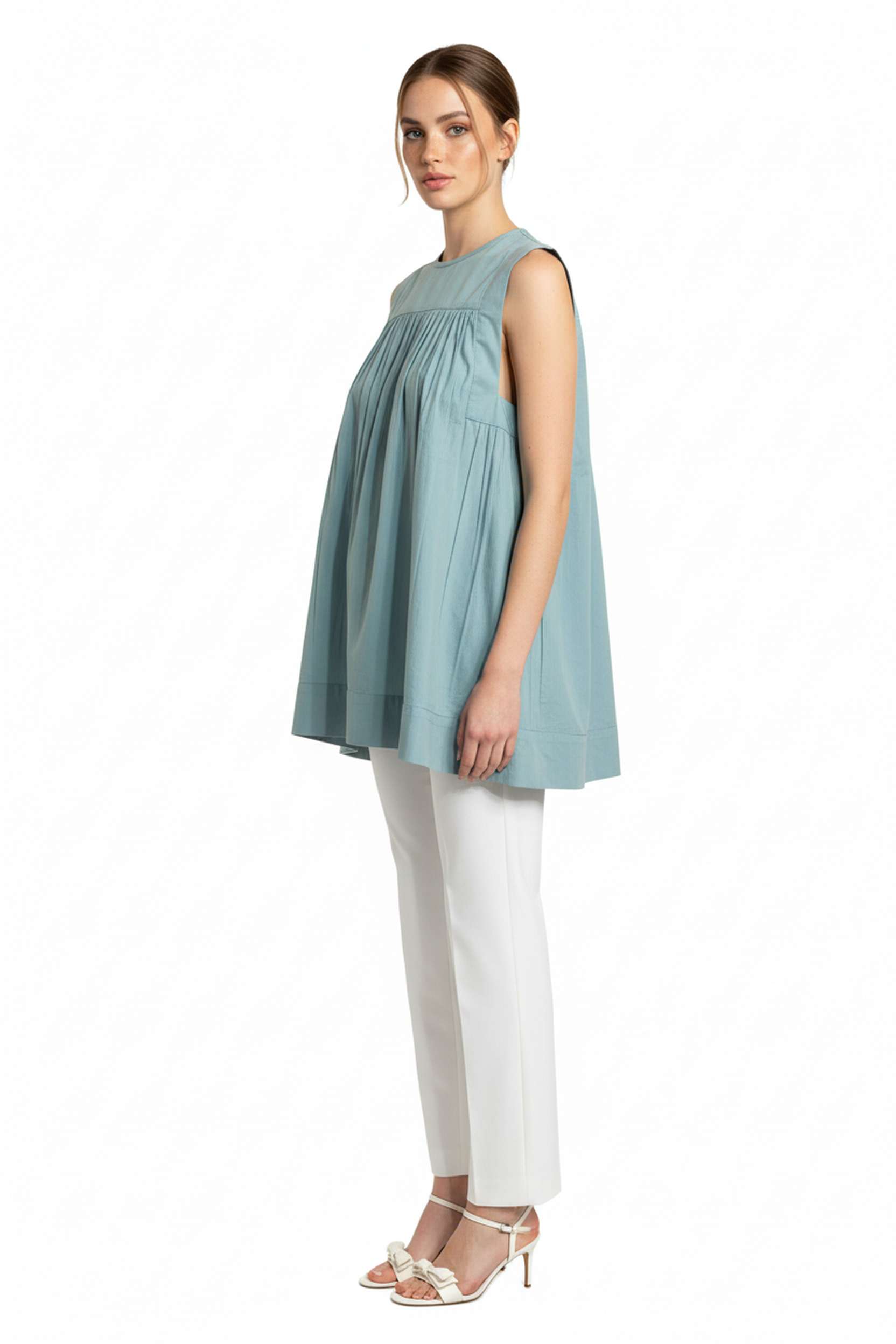 Women’s Sage Green Round Neck Relaxed Fit Top – Soft Cotton Blend, Sleeveless, Front Pleat Detail