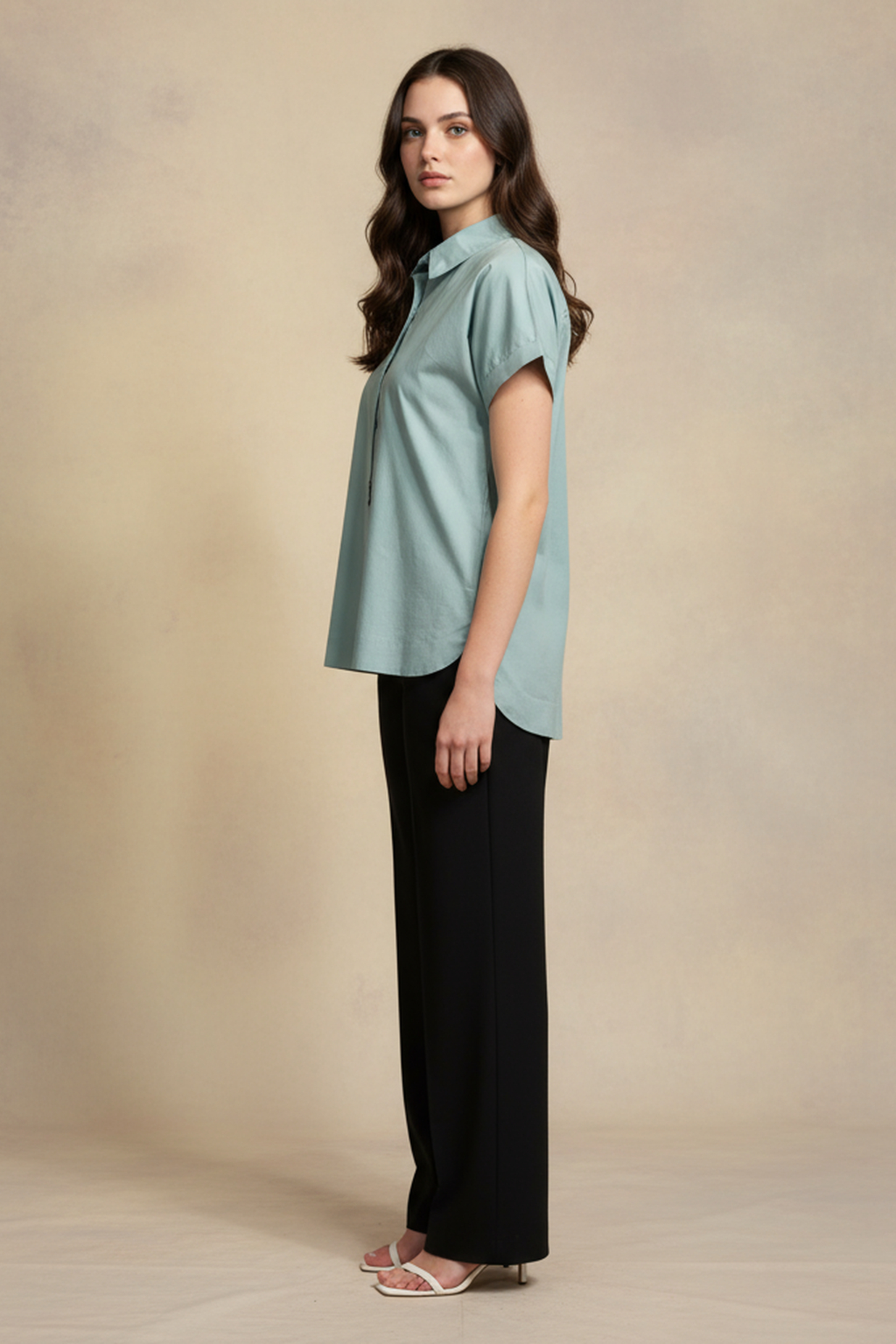 Women’s Sage Green Short-Sleeve Cotton Shirt – Button-Down, Relaxed Fit, Casual Summer Top