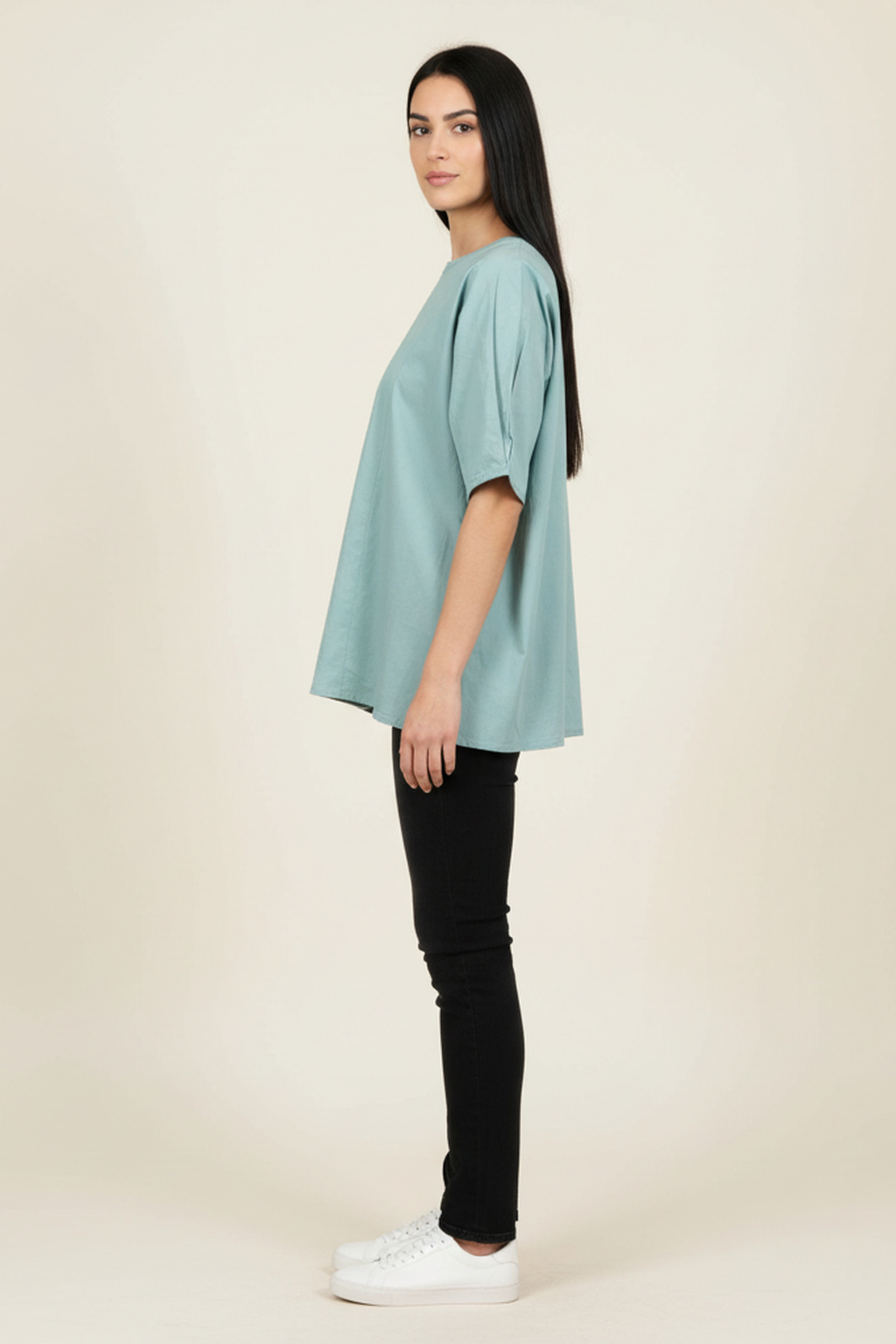 Women’s Mint Green V-Slit Neck Cotton Top – Half Sleeves, Longline Relaxed Fit, Front Pleat Design