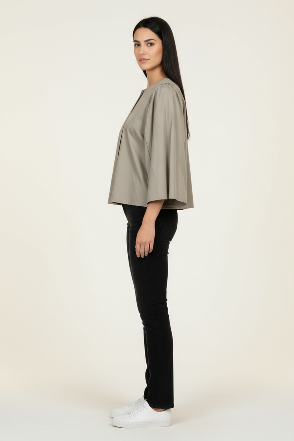 Women’s Olive Grey Bell-Sleeve Cotton Top – Gathered Shoulder Detail, Round Neck, Casual Chic Fit