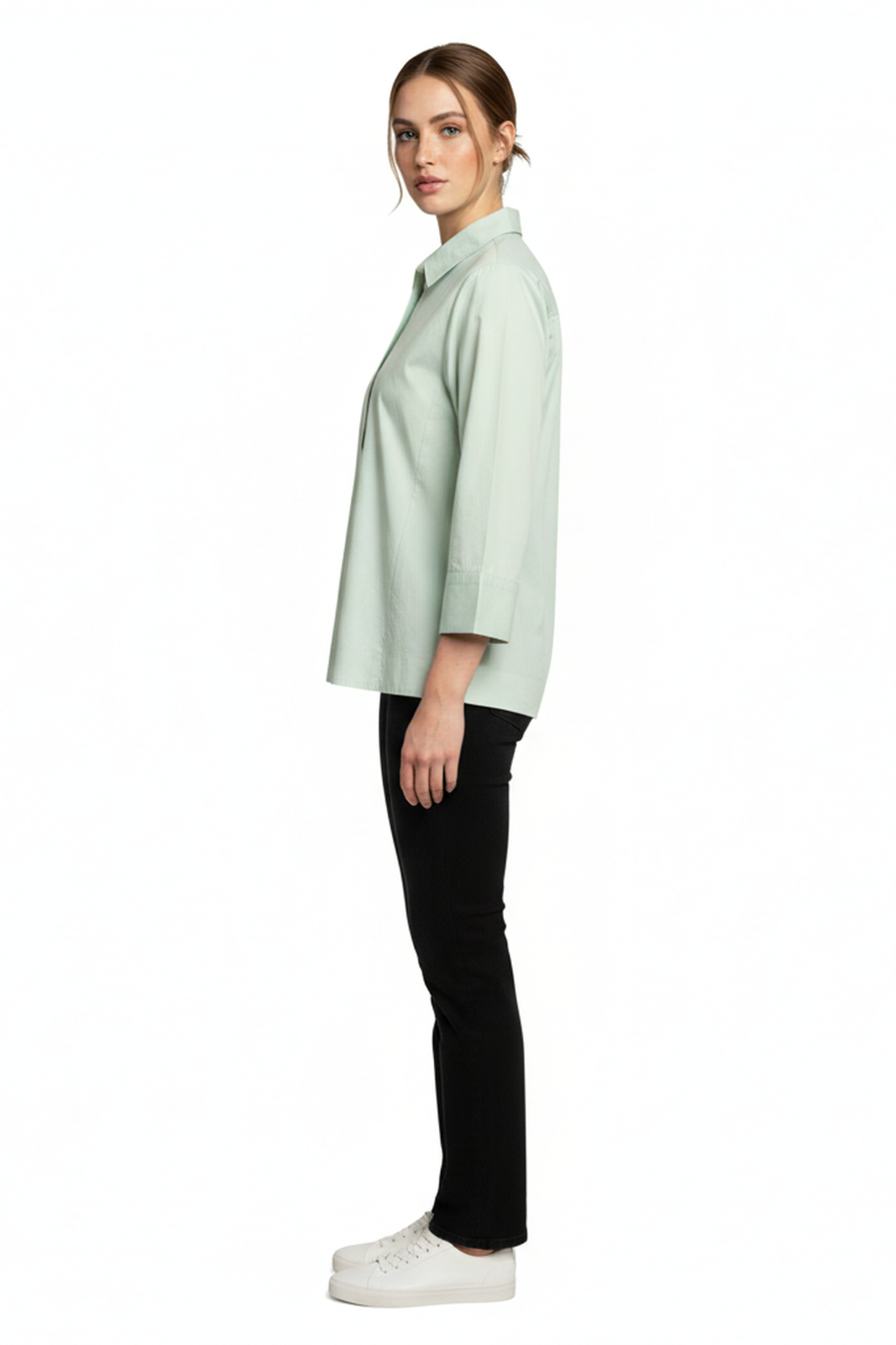 Women’s Mint Green A-Line Button-Down Shirt – 3/4 Sleeves, Wide Hemline, Structured Cotton Top