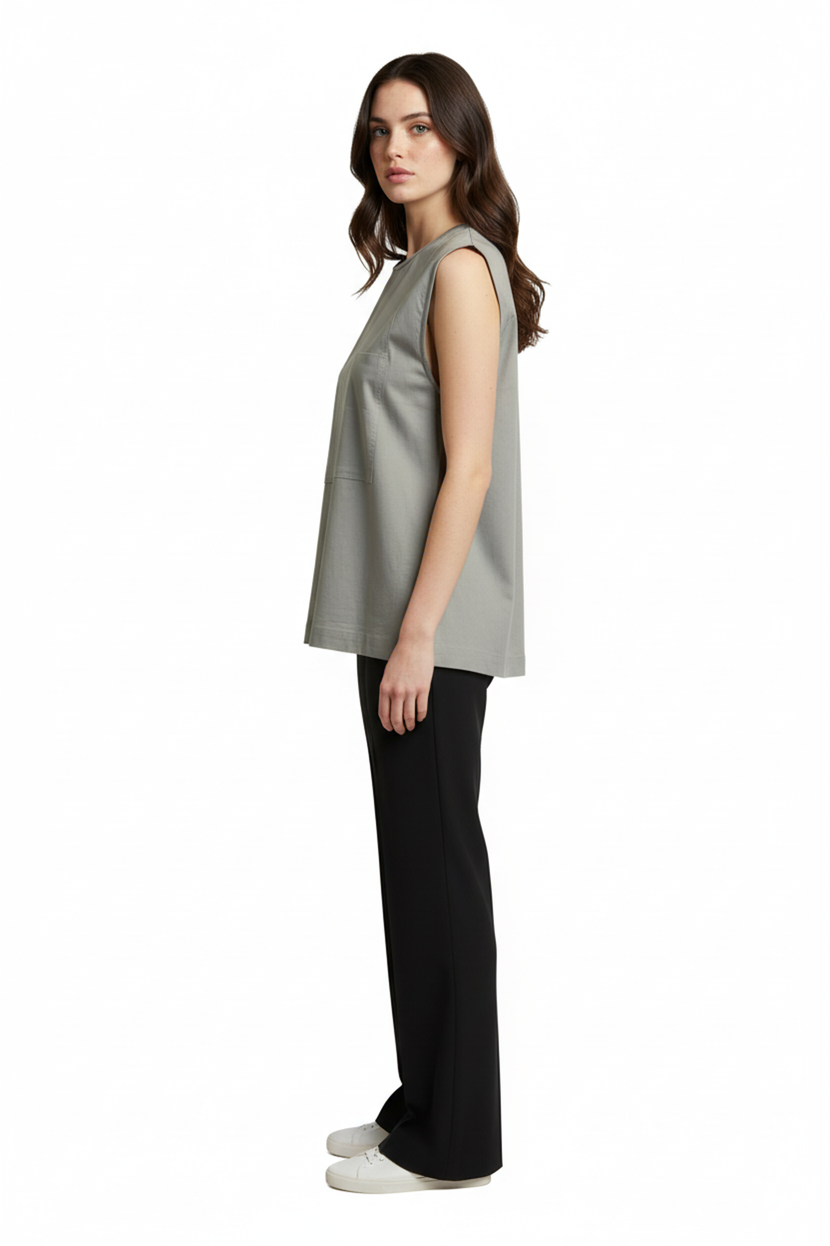 Women’s Olive Grey Sleeveless Structured Cotton Top – Minimal Round Neck, Clean Panel Detail, Relaxed Fit