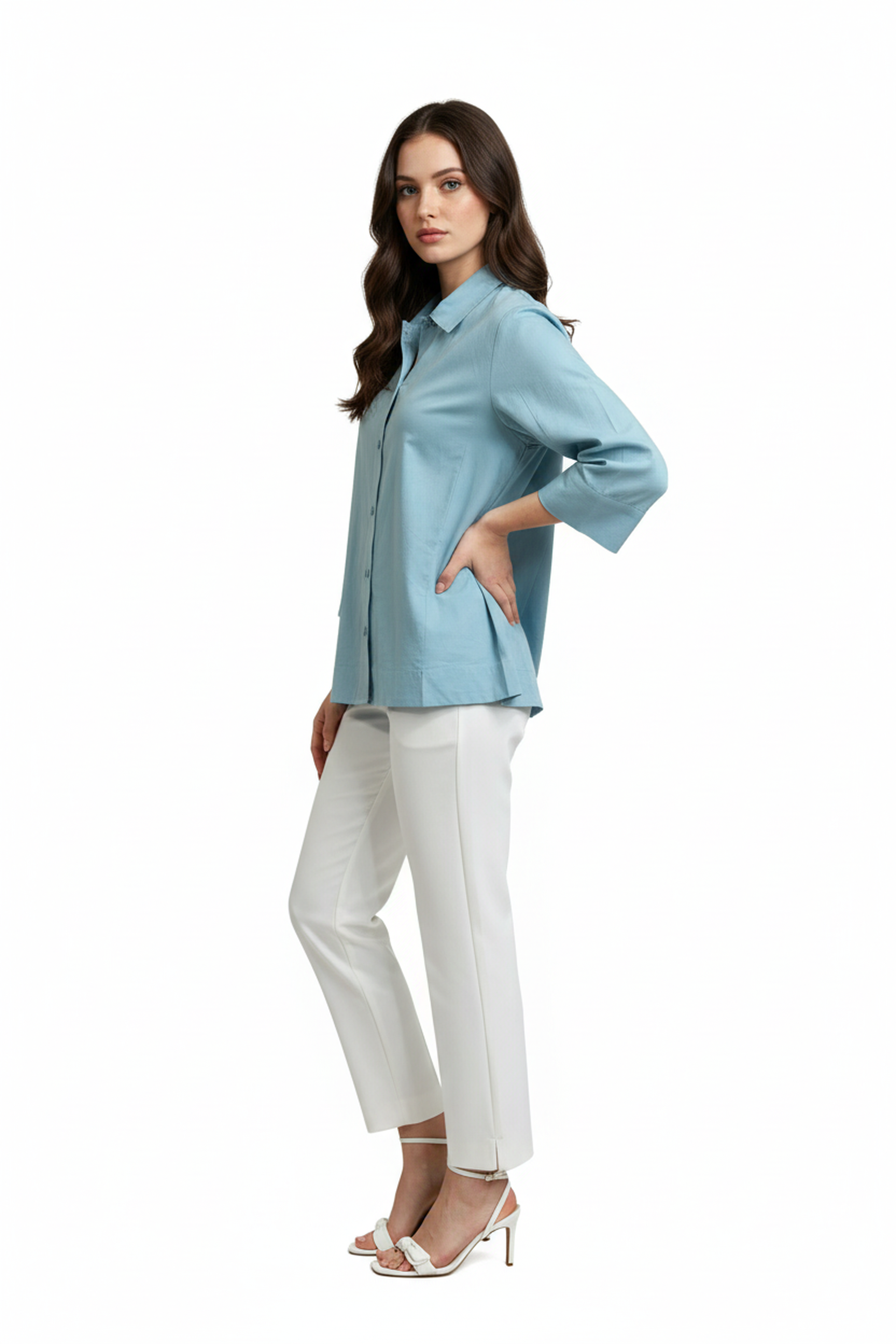 Women’s Sage Green A-Line Button-Down Shirt – 3/4 Sleeves, Wide Hemline, Structured Cotton Top