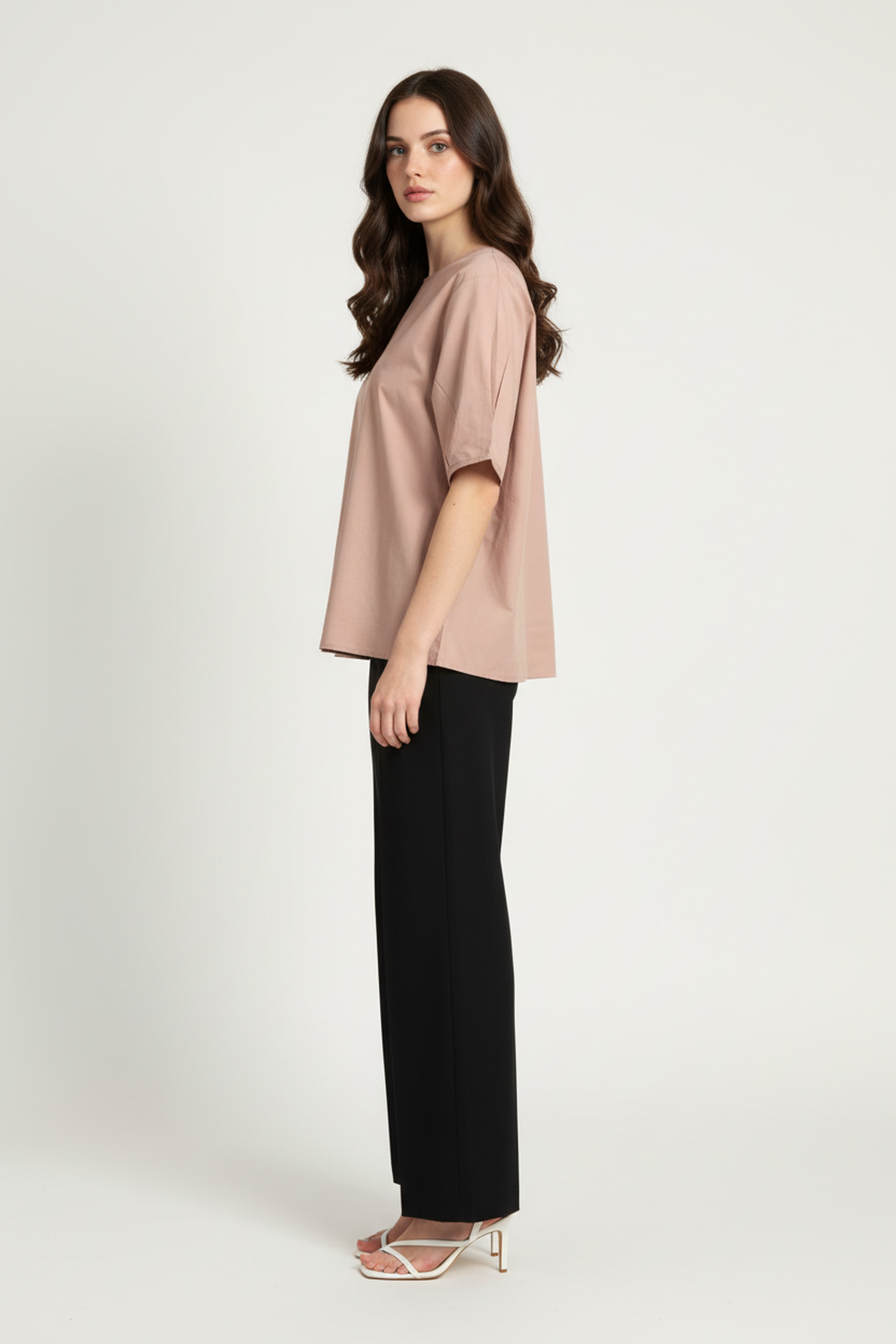 Women’s Beige V-Neck Relaxed Fit Top – Soft Cotton Blend, Half Sleeves, Front Pleat Detail