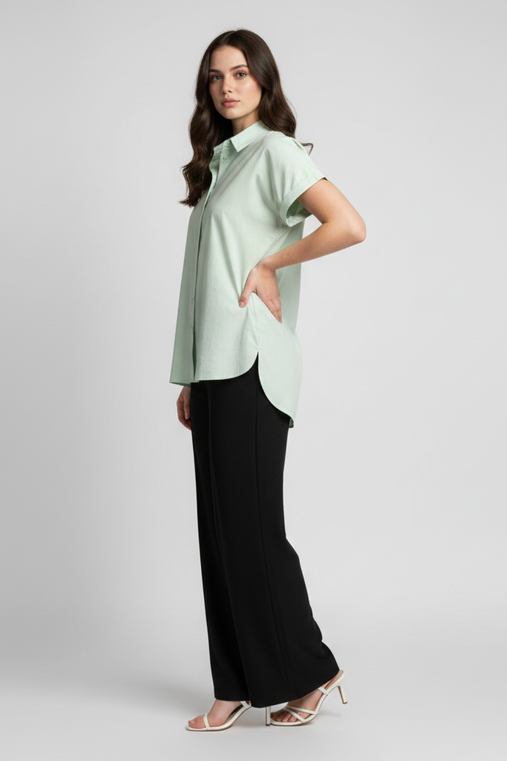 Women’s Mint Green Short-Sleeve Cotton Shirt – Button-Down, Relaxed Fit, Casual Summer Top