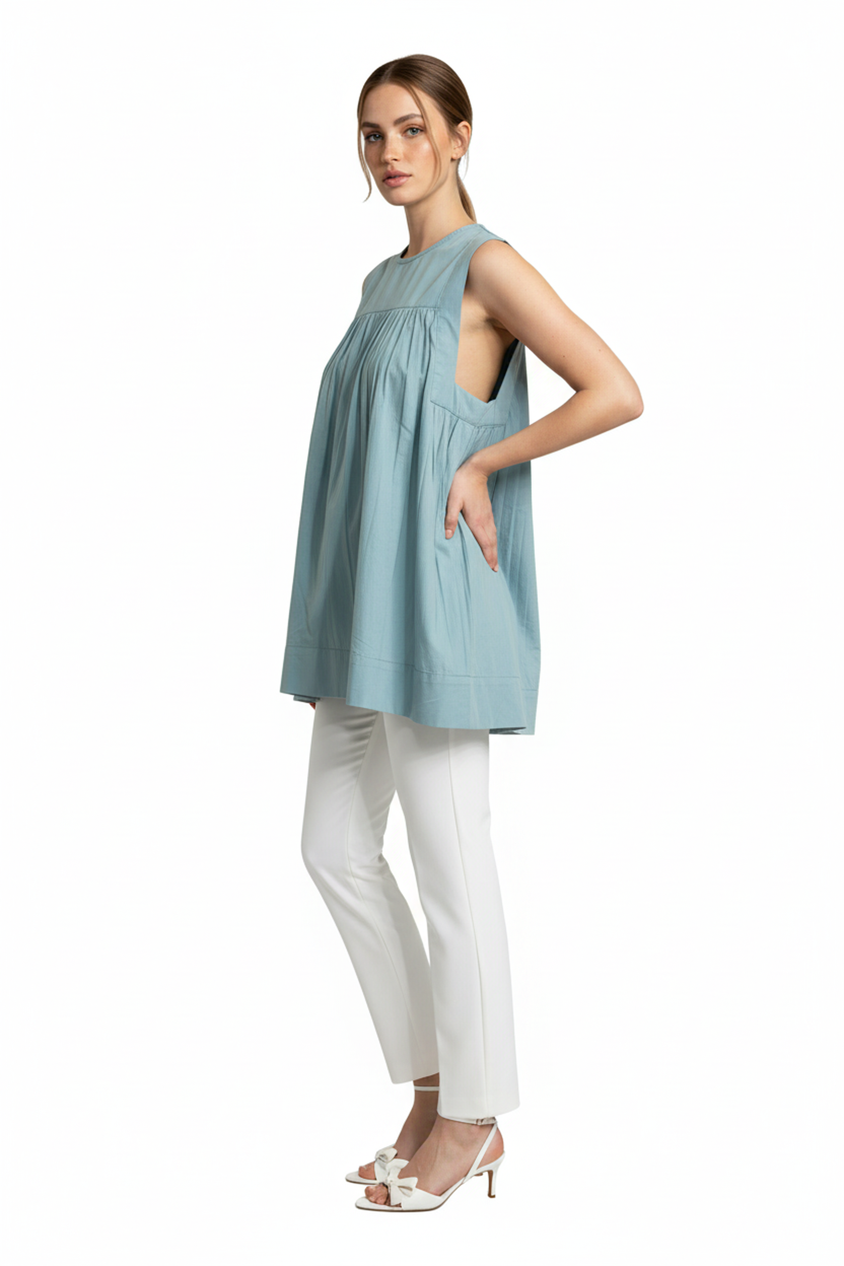 Women’s Sage Green Round Neck Relaxed Fit Top – Soft Cotton Blend, Sleeveless, Front Pleat Detail