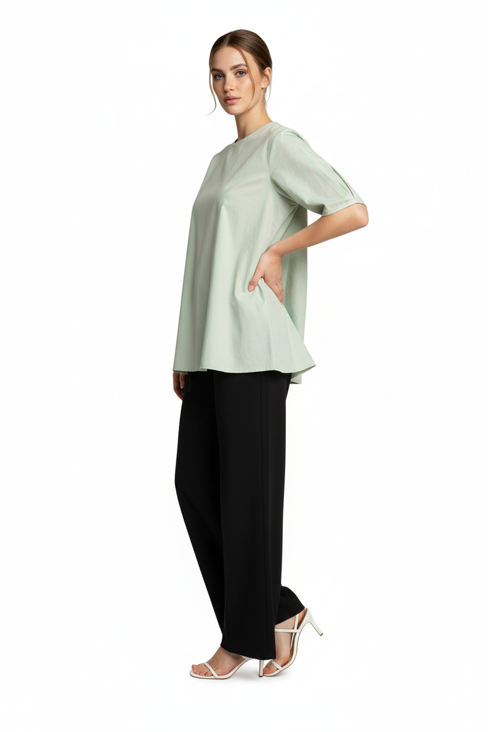 Women’s Mint Green V-Neck Relaxed Fit Top – Soft Cotton Blend, Half Sleeves, Front Pleat Detail