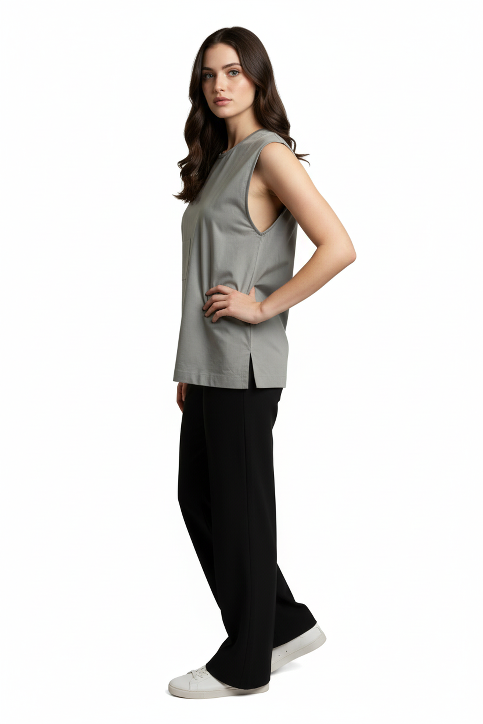 Women’s Olive Grey Sleeveless Structured Cotton Top – Round Neck, Minimal Chic, Straight Hemline