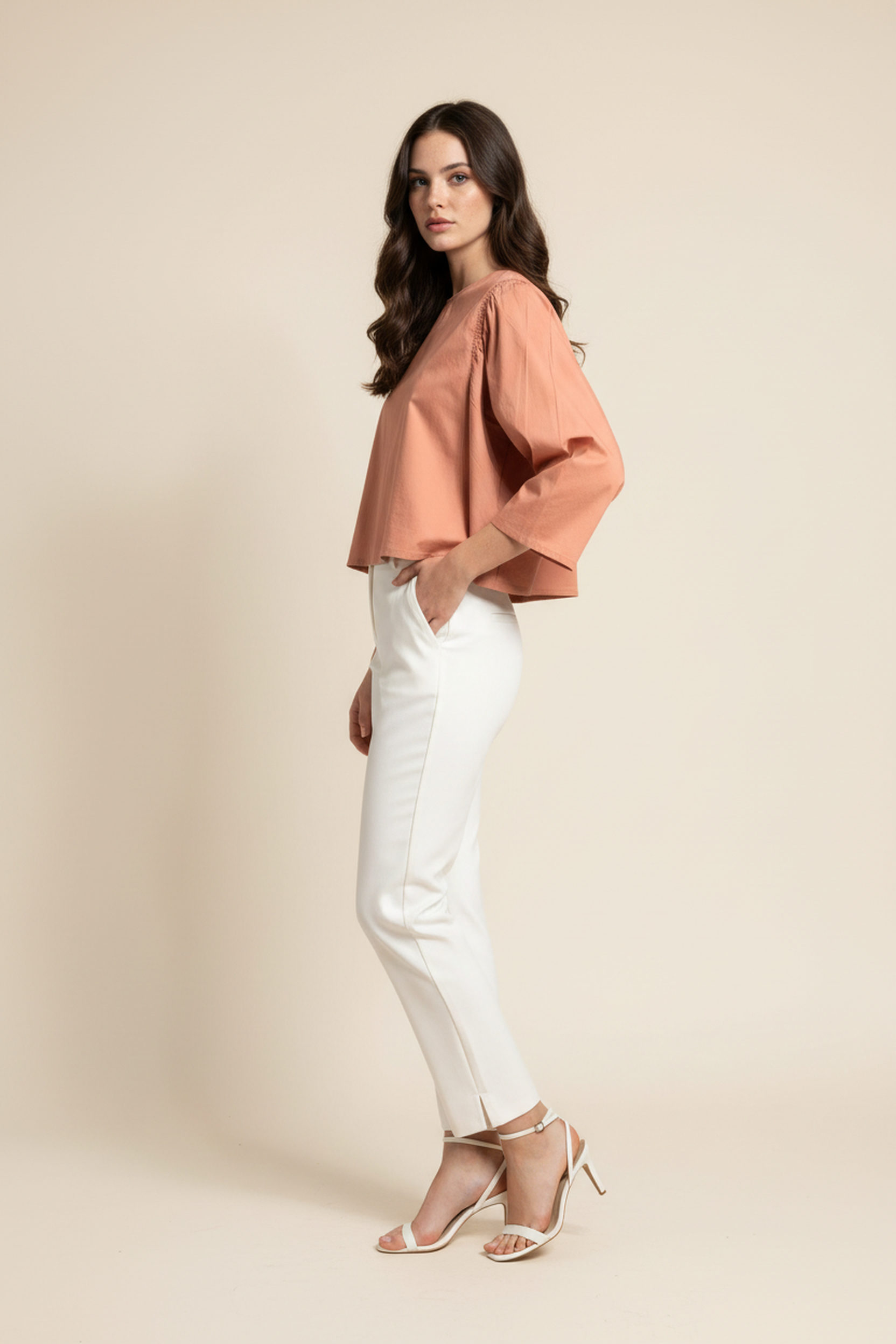 Women’s Peach Bell-Sleeve Cotton Top – Gathered Shoulder Detail, Round Neck, Flowy A-Line Silhouette