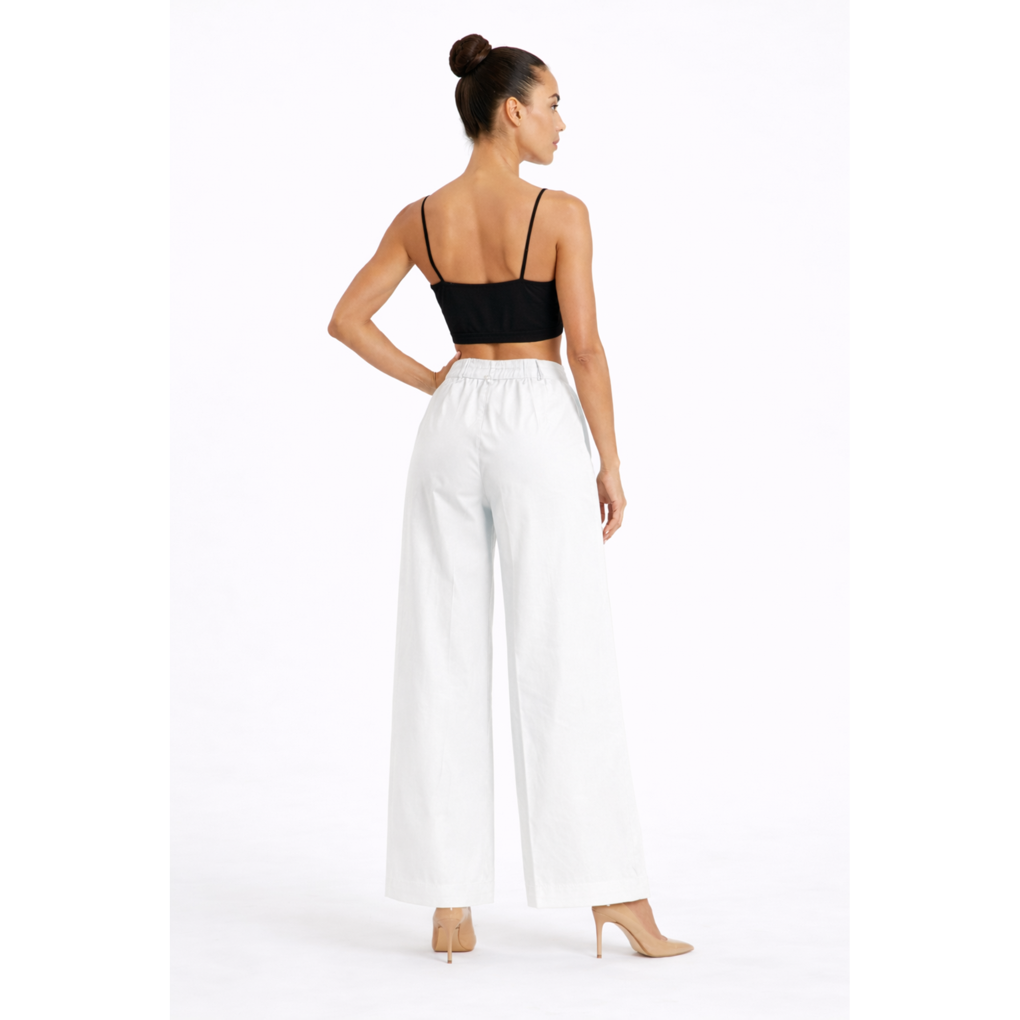Women White Cotton Poplin Wide Leg Trouser High Waist Straight Fit Pants