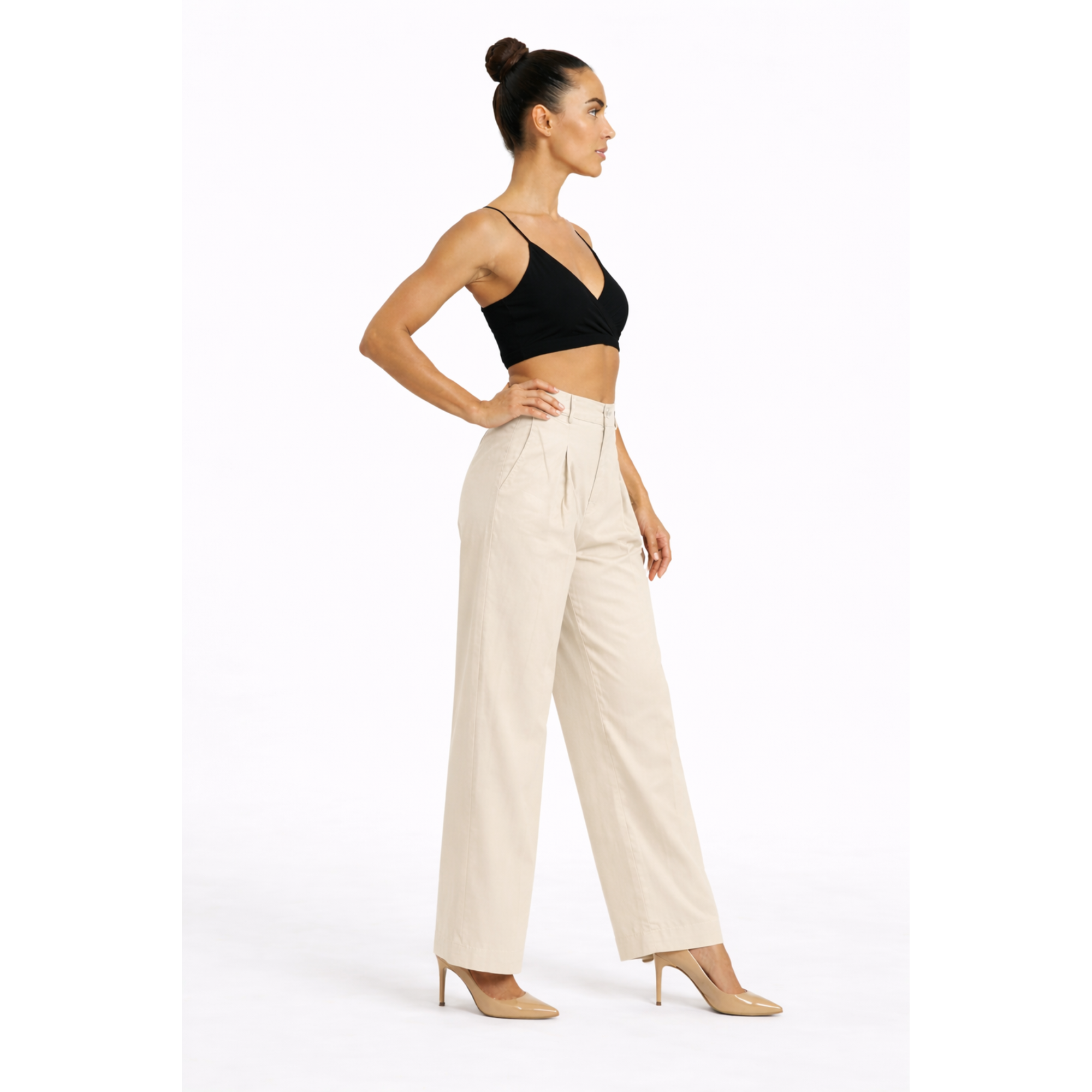Women Beige Cotton Poplin Wide Leg Trouser High Waist Straight Fit Pants