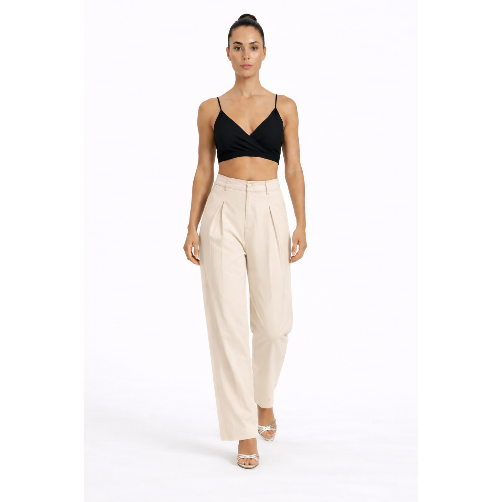 Women Beige Cotton Poplin Wide Leg Trouser High Waist Straight Fit Pants