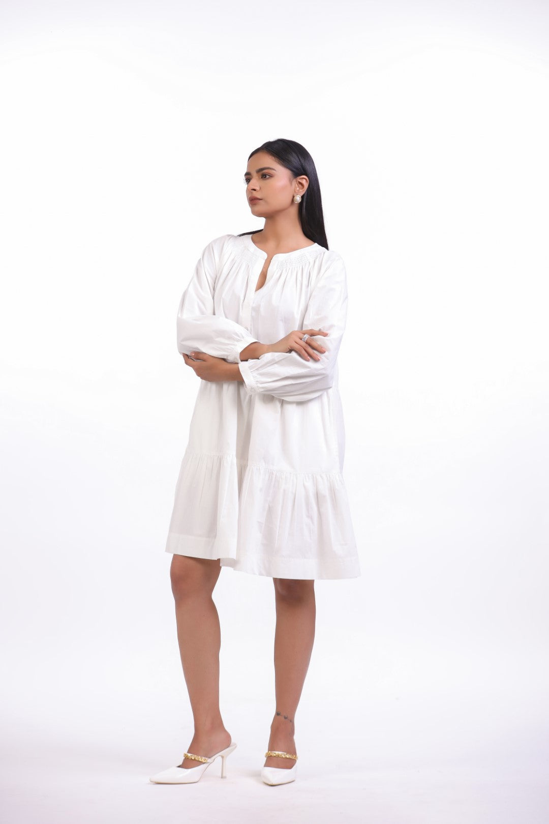MUUN Women White Smocking Work Cotton Full Sleeve Round Collar Midi Flared Dress with Pocket