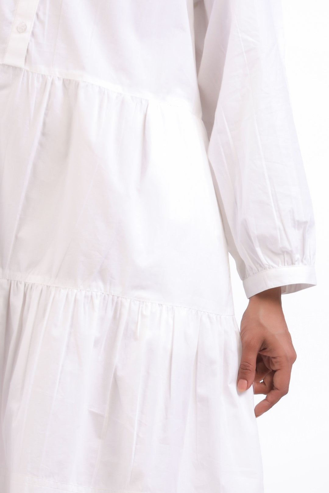MUUN Women White Smocking Work Cotton Full Sleeve Round Collar Midi Flared Dress with Pocket