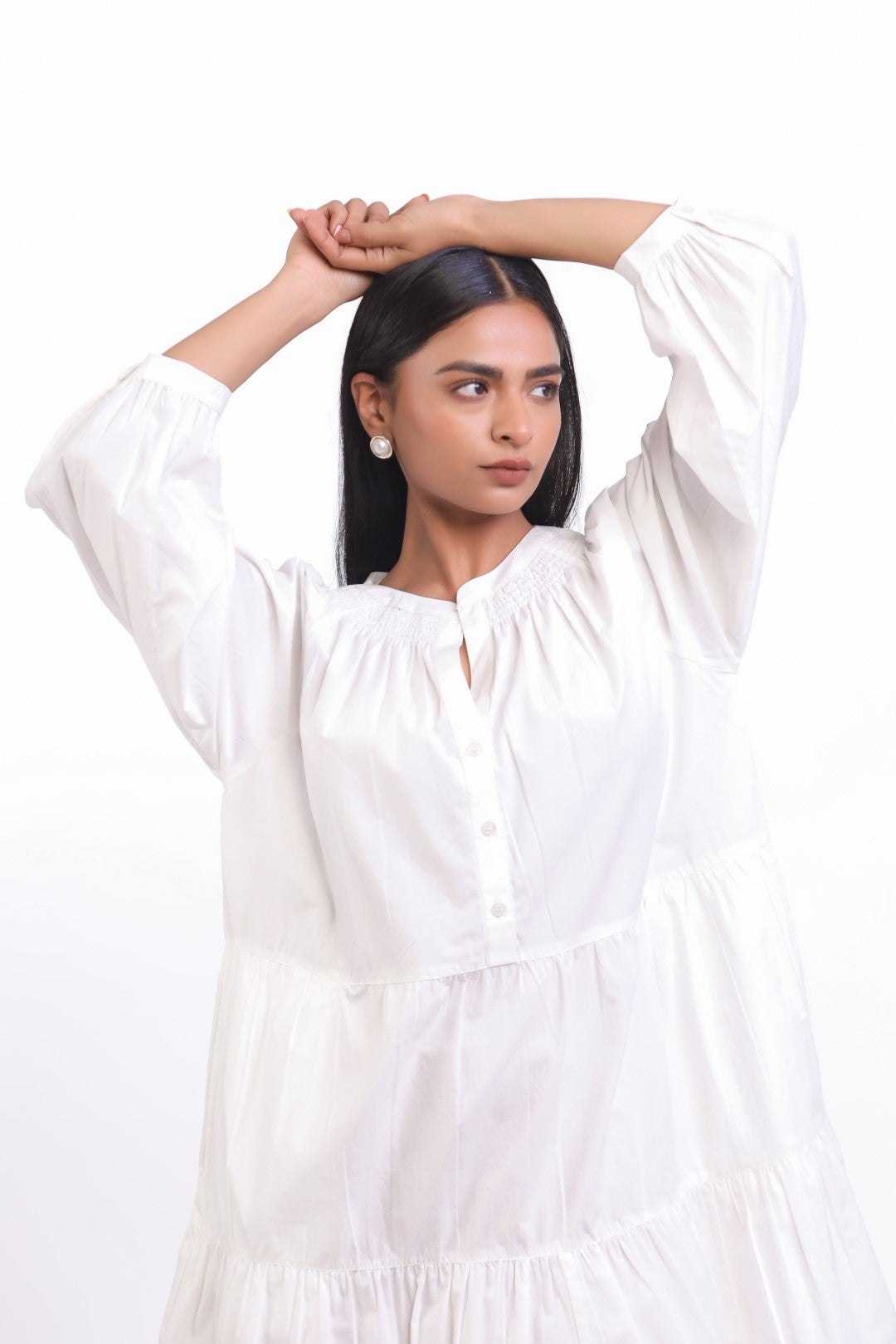 MUUN Women White Smocking Work Cotton Full Sleeve Round Collar Midi Flared Dress with Pocket