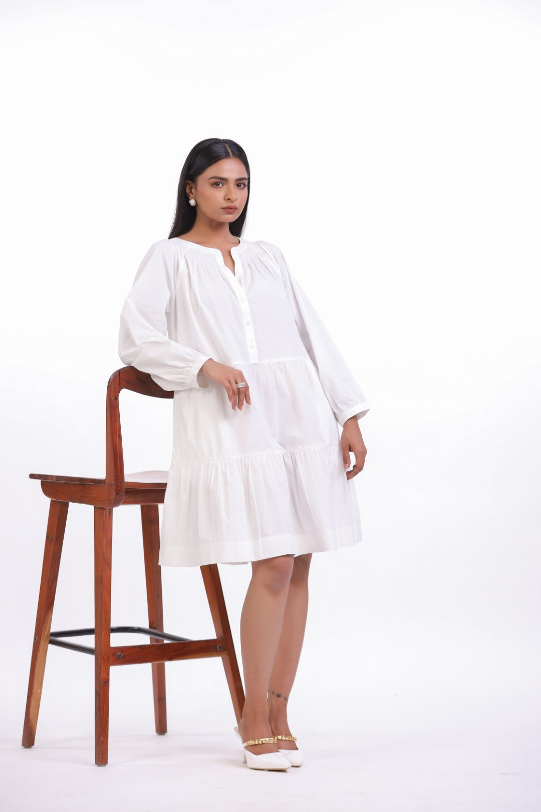 MUUN Women White Smocking Work Cotton Full Sleeve Round Collar Midi Flared Dress with Pocket