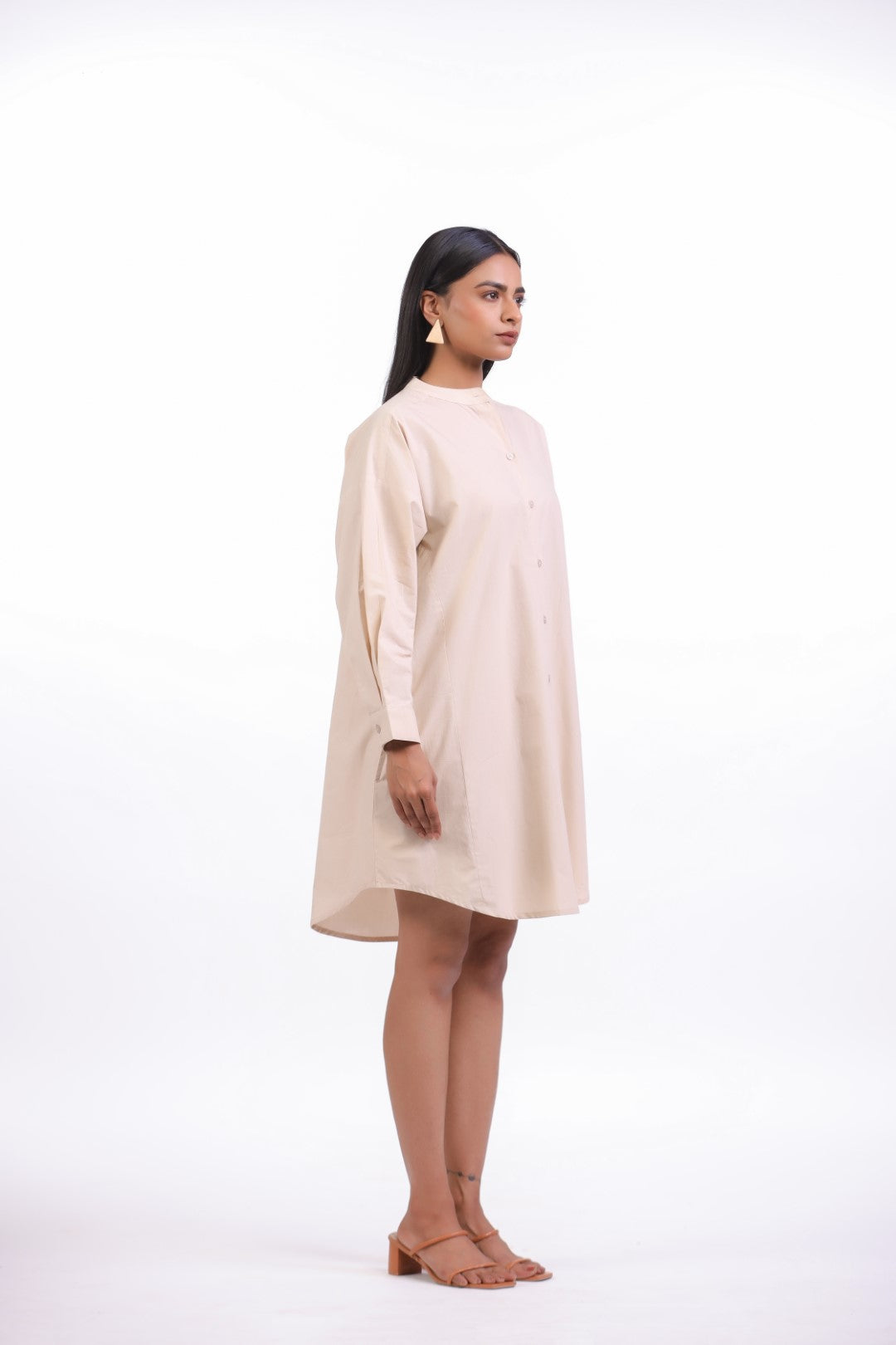 MUUN Women Beige Solid Cotton Full Sleeve Mandarin Collar Midi Dress with Pocket