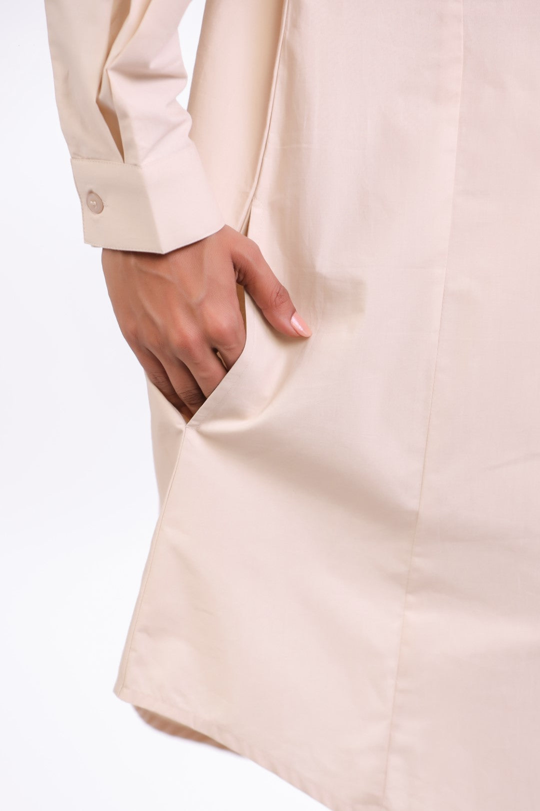 MUUN Women Beige Solid Cotton Full Sleeve Mandarin Collar Midi Dress with Pocket