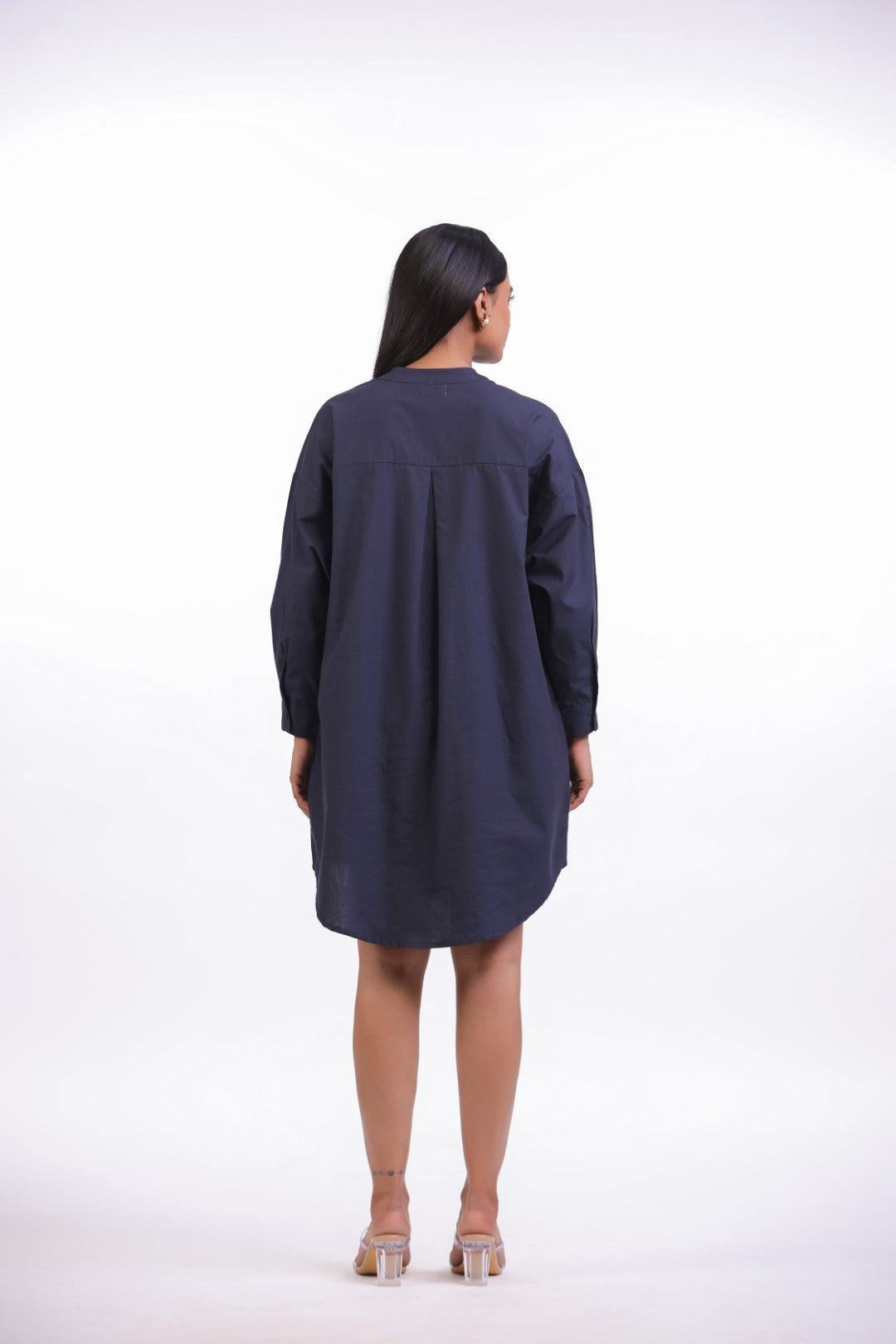 MUUN Women Navy Solid Cotton Full Sleeve Mandarin Collar Midi Dress with Pocket