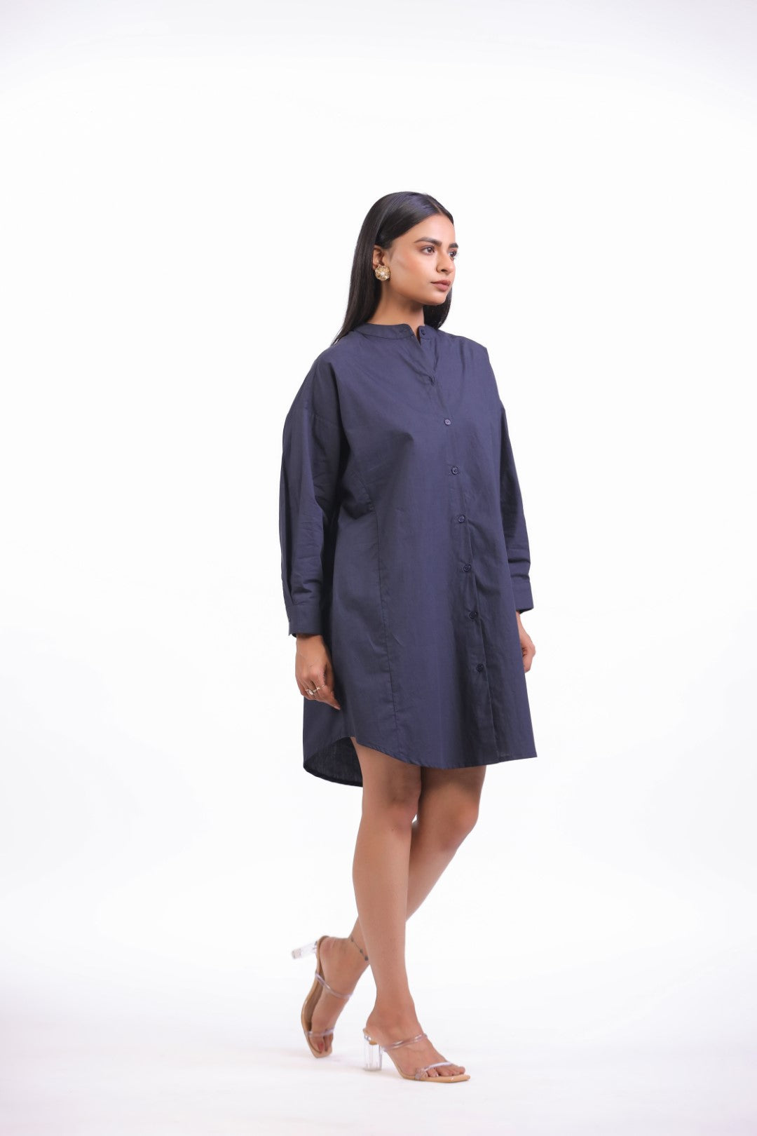 MUUN Women Navy Solid Cotton Full Sleeve Mandarin Collar Midi Dress with Pocket