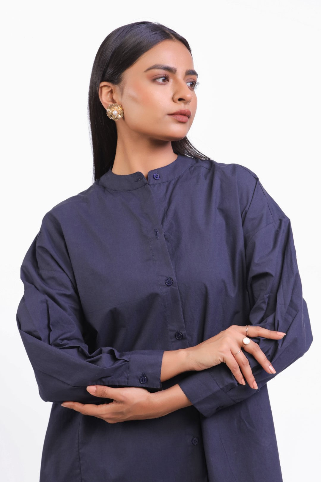 MUUN Women Navy Solid Cotton Full Sleeve Mandarin Collar Midi Dress with Pocket