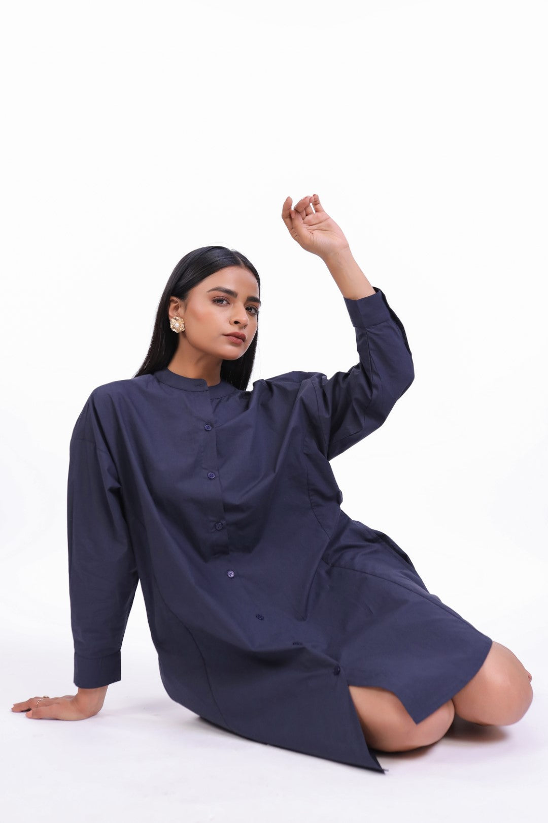 MUUN Women Navy Solid Cotton Full Sleeve Mandarin Collar Midi Dress with Pocket