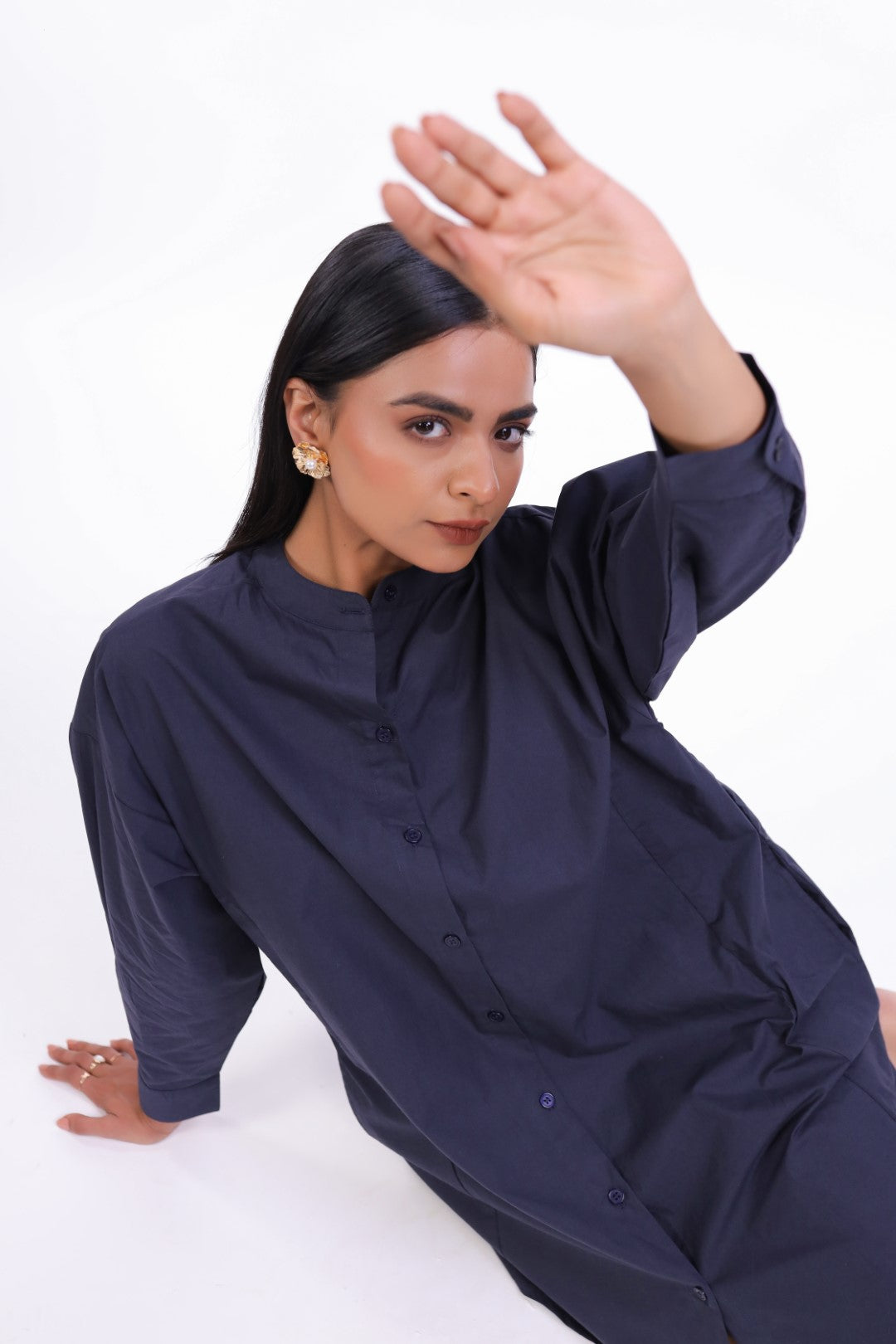 MUUN Women Navy Solid Cotton Full Sleeve Mandarin Collar Midi Dress with Pocket