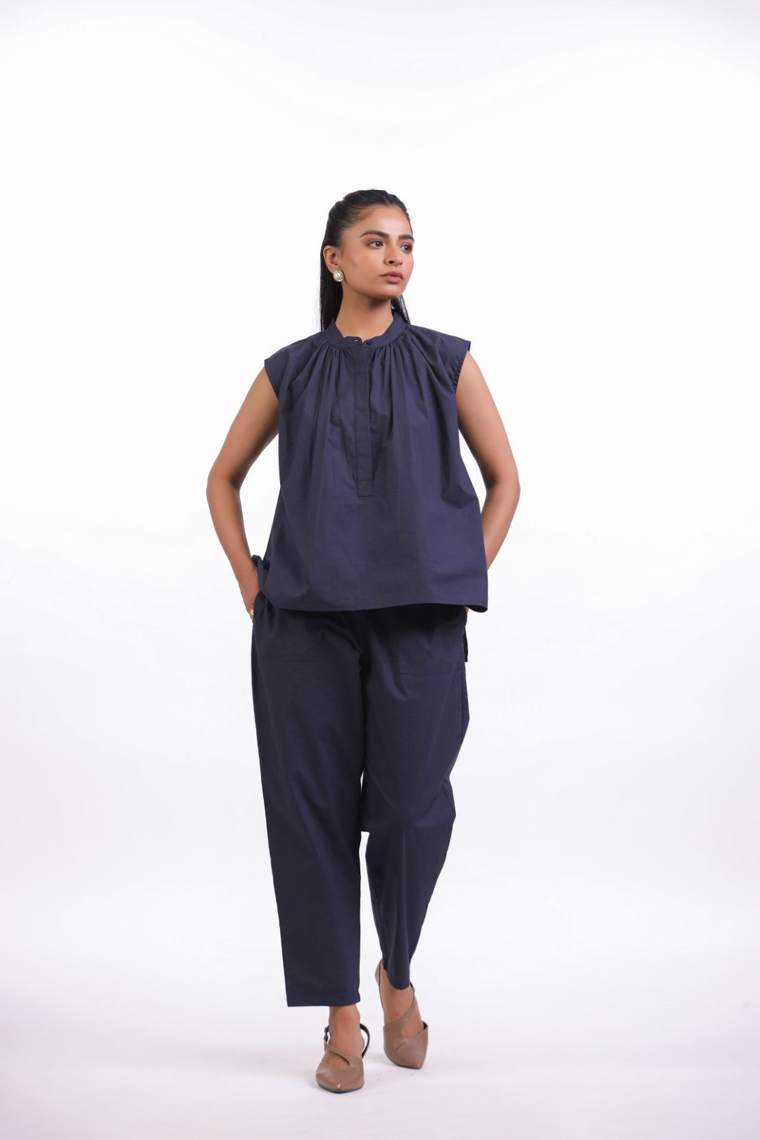 Women's Cotton Top With Navy Blue  Pants (CO-ORD)