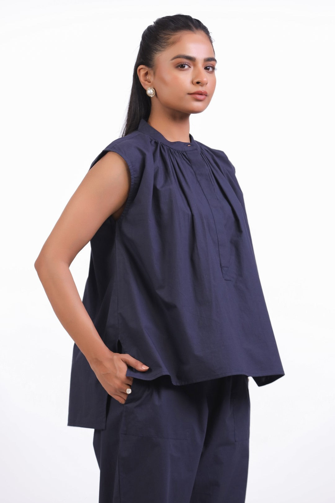 Women's Cotton Top With Navy Blue  Pants (CO-ORD)