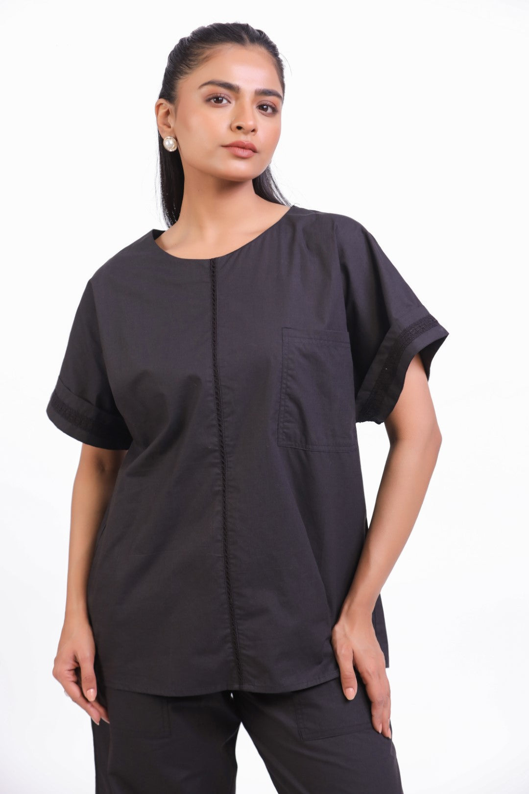 Women Black Cotton Top With Black Cotton Pant Co-Ord set