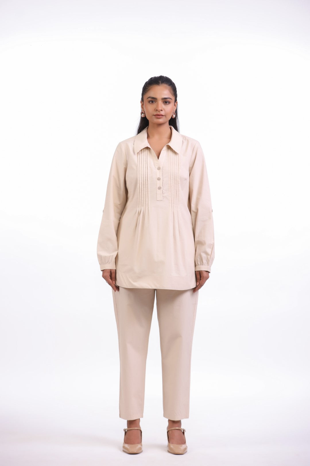 Women Beige Cotton Shirt With Pant (Co-ord)