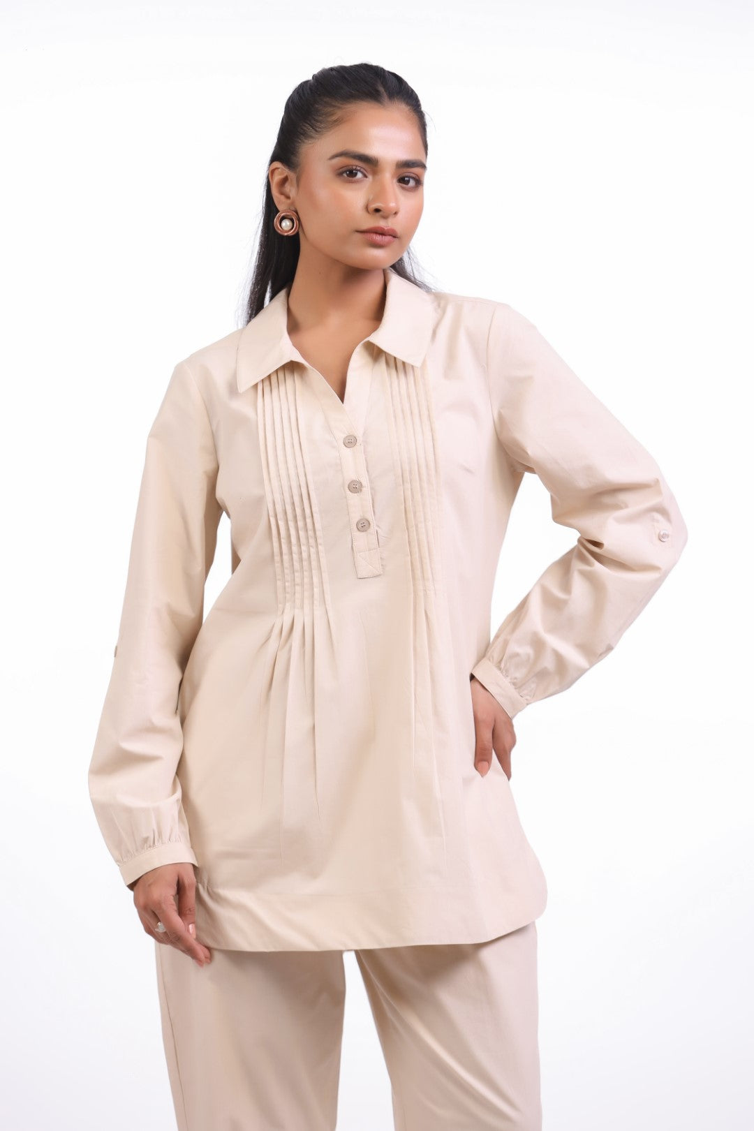 Women Beige Cotton Shirt With Pant (Co-ord)