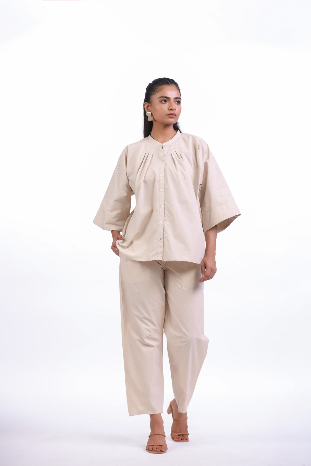 Women’s Beige Solid Cotton Poplin Co-Ord Set