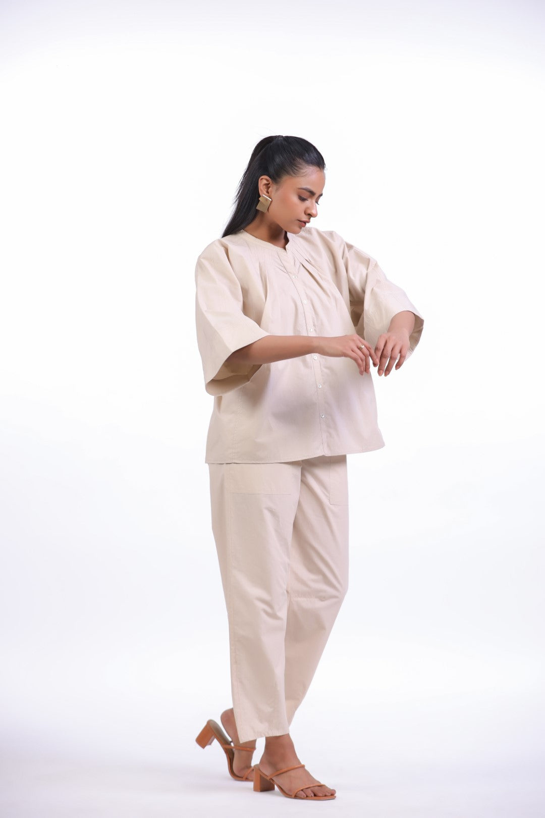 Women’s Beige Solid Cotton Poplin Co-Ord Set